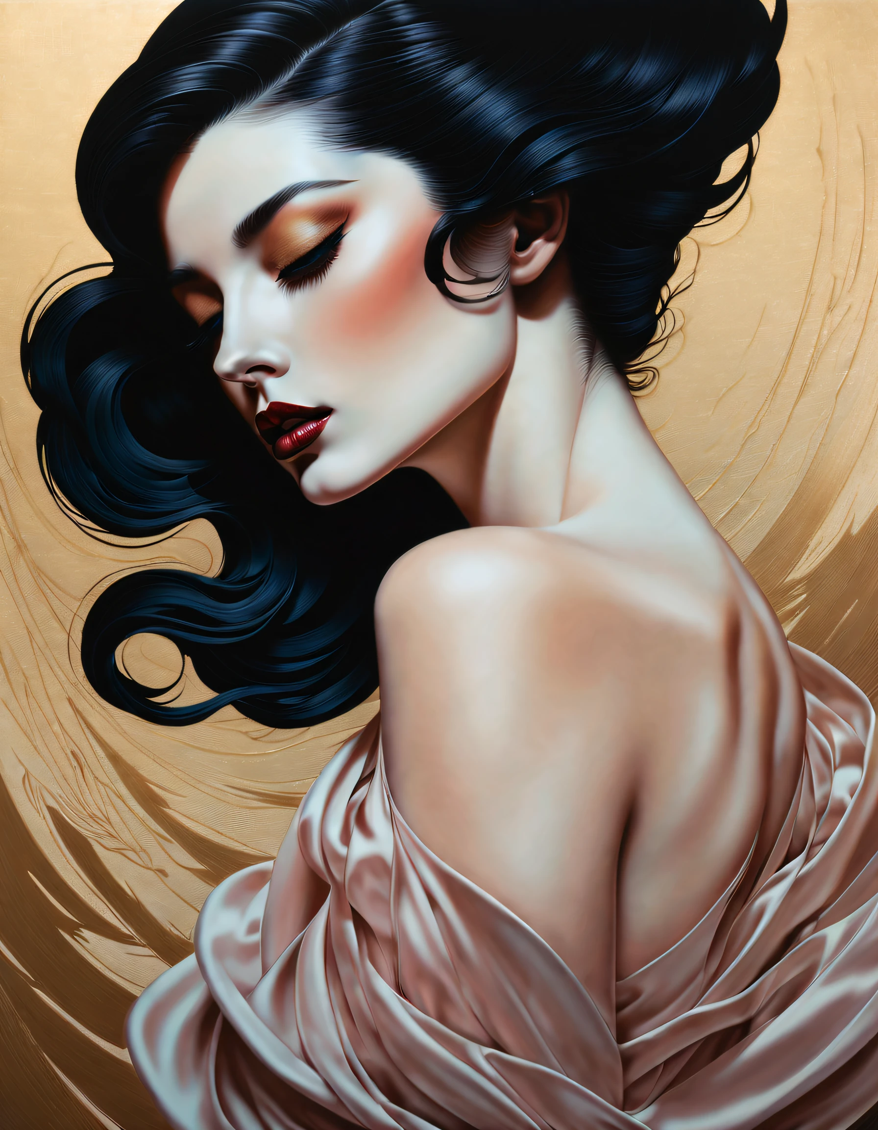chiaroscuro technique on sensual illustration of an elegant long hair woman, vintage beauty, eerie, the model draped in flowing, thick oil painting, by Hannah Dale, by Harumi Hironaka, extremely soft colors, vibrant, highly detailed, malcolm liepke painting, oil on canvas, high contrast, dramatic, refined, tonal, Create high contrast between light and shadow