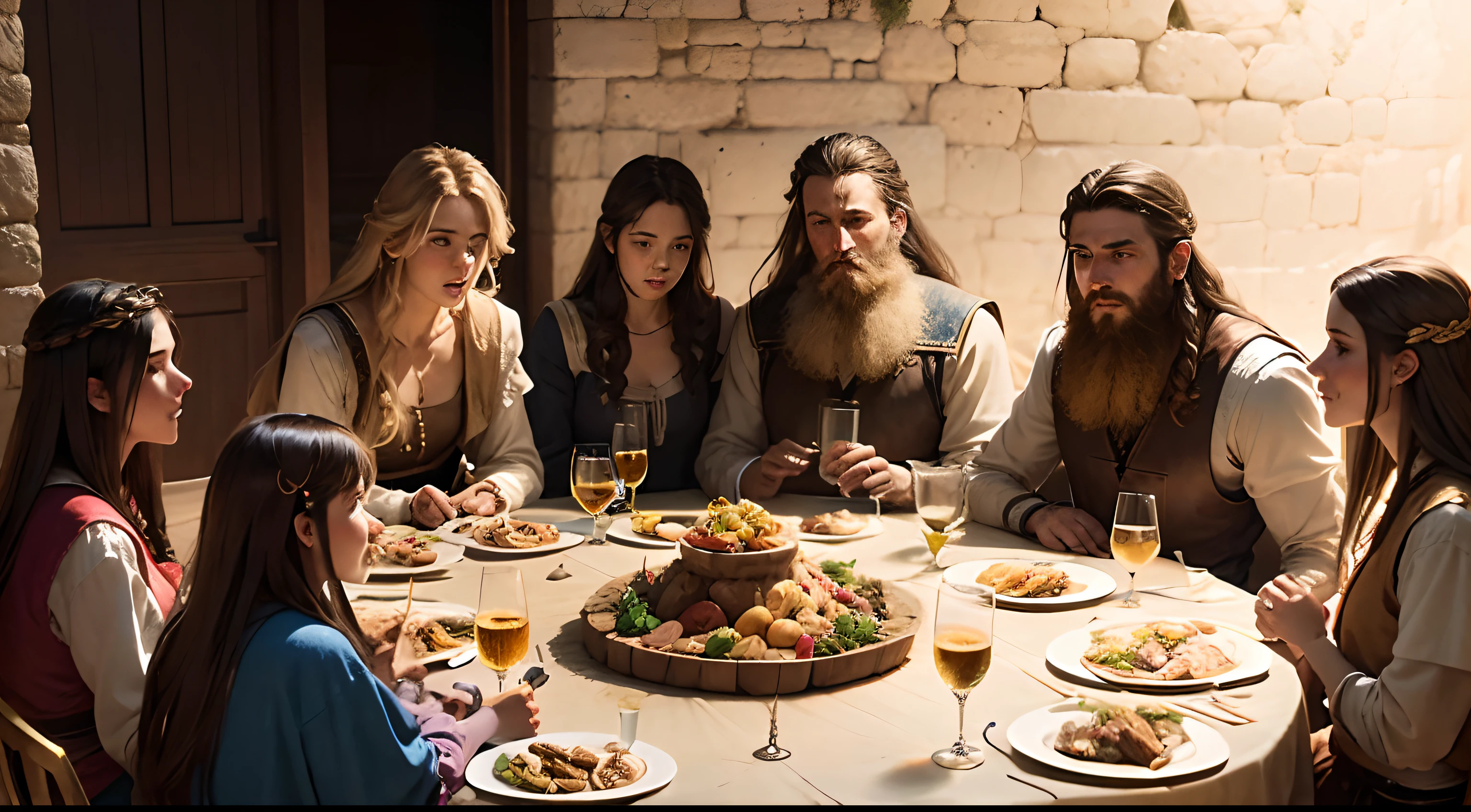 Create an image of a party at the home of King David's son, with several of the king's sons and daughters sitting around a table eating and drinking. They all have long hair and beards.
