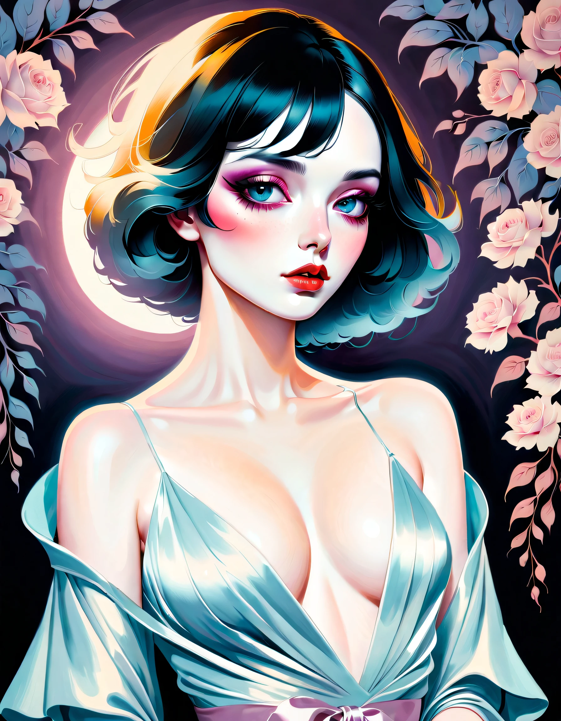 chiaroscuro technique on sensual illustration of an elegant woman, vintage ,silky eerie, matte painting, by Hannah Dale, by Harumi Hironaka, extremely soft colors, vibrant, pastel, highly detailed, digital artwork, high contrast, dramatic, refined, tonal, golden ratio
