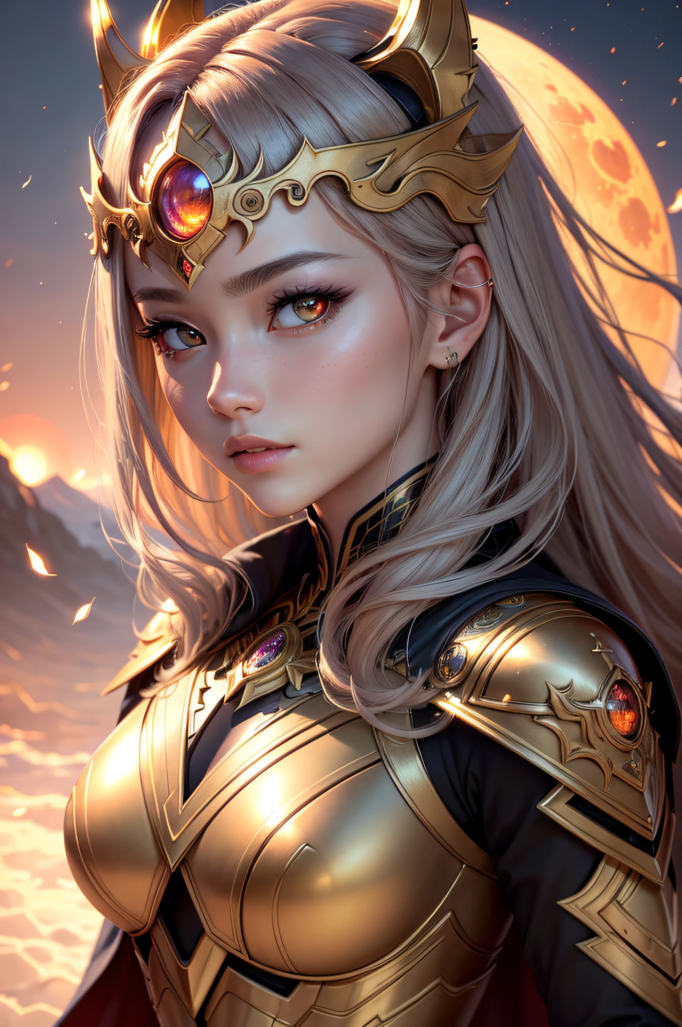 (best quality,4k,8k,highres,masterpiece:1.2),ultra-detailed,(realistic,photorealistic,photo-realistic:1.37),portraits,chinese anime girl,solar eclipse armor,detailed eyes and face,detailed lips,glowing eyes,longeyelashes,graceful posture,shiny metallic armor,ornate golden patterns,elaborate helmet,flowing cape,futuristic setting,dynamic pose,solar eclipse in the background,vivid colors,warm color tone,soft lighting
