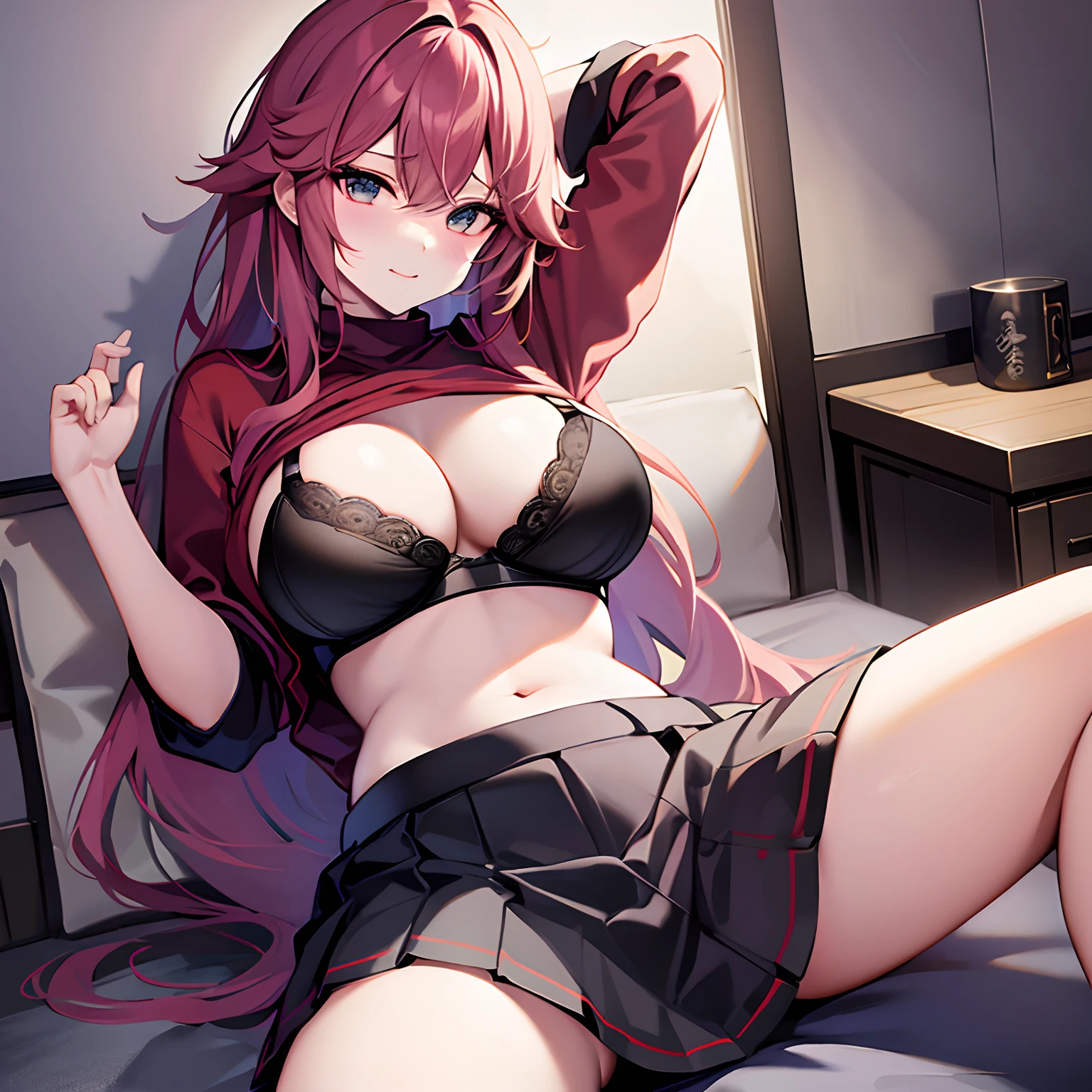1 Yae Shinko, Large breasts,, cleavage, navel, T-shirt, ((Bra)),Clothes lift, Skirt, Lying, full bodyesbian,Sexy body,Sitting