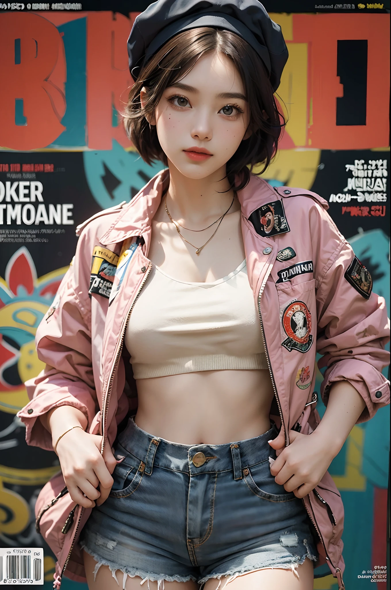 1girl, sfw, cap, shorts, jacket, (Magazine cover-style illustration of a fashionable woman in a vibrant outfit posing in front of a colorful and dynamic background. She has a confident expression and is striking a pose. The text on the cover should be bold and attention-grabbing, with the title of the magazine and a catchy headline. The overall style should be modern and trendy, with a focus on fashion and lifestyle), wallpaper, crowds, fashion, contrapposto, female focus, model, cool