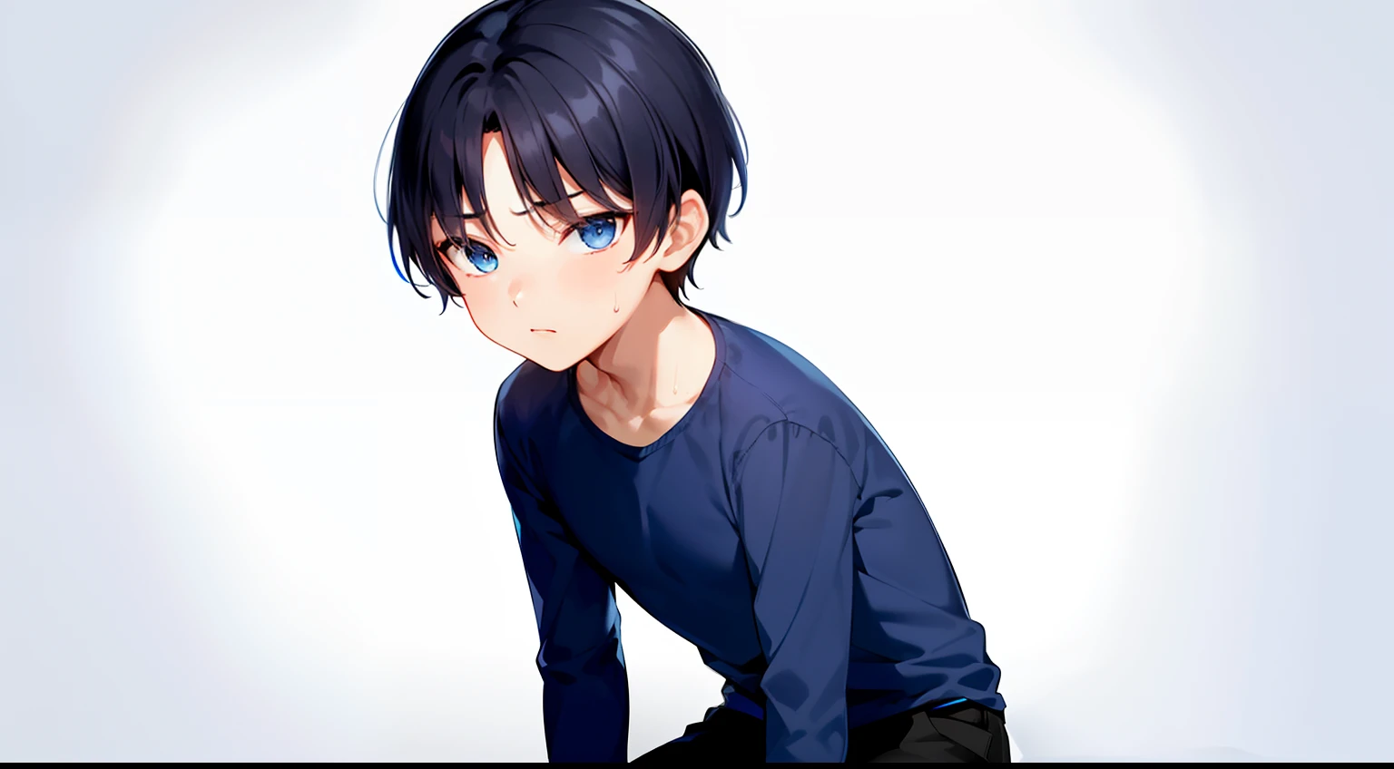 #composition (Low angle,worms-eye-view,There was a boy.), #person (A 14-year-old boy,Small but cute boy、Bullish personality、honor student、Good impression、Boy's hand、Knees、The thighs of a 14 year old boy、Big breasts Thin waist,Sweaty), #Boy facial (Big drooping eyes、Strong-willed、Serious eyes、blue color eyes), #Boy's hair (His hair is jet black. He has short, Straight hair,Hairstyle is natural and neat,M-shaped bangs.), #boy cloth (His upper body,He wears a pair of black shorts on his lower body.), #Boy's background (Blue background,White sheets), #Boy's pose (He sat flat,A hand caressed his abdomen,wide open thighs,Postural instability), #Boy's emotions (Shy,is shy)