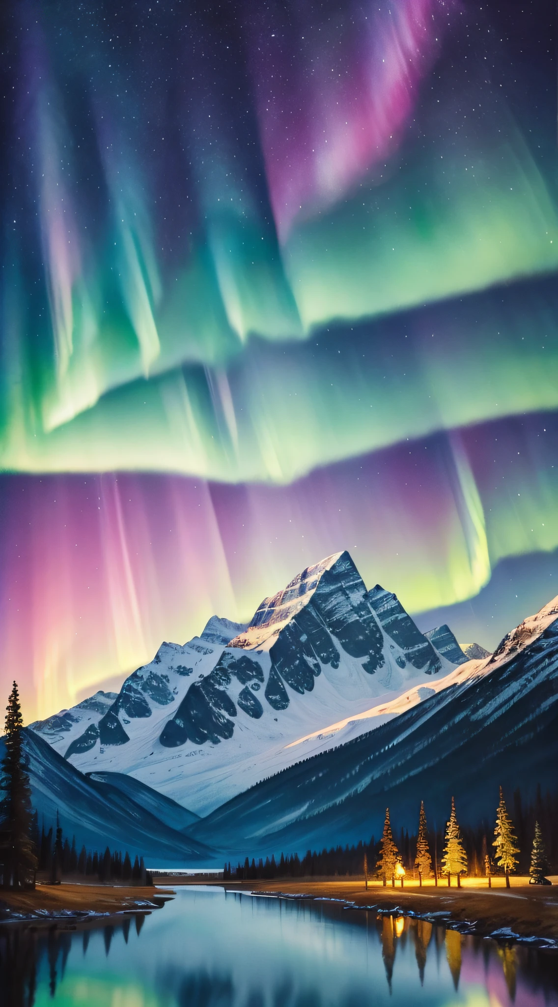 Aurora borealis dancing in the sky, peaceful, majestic, mountains, lakes in a breathtaking landscape, watercolor, yellower, pink, blue