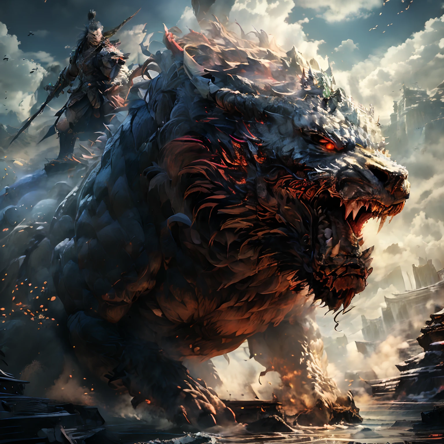 A mountain and sea behemoth,Between mountains and sea,腾云驾雾,Fierce eyes,Roar to the sky,Ultra HD image。