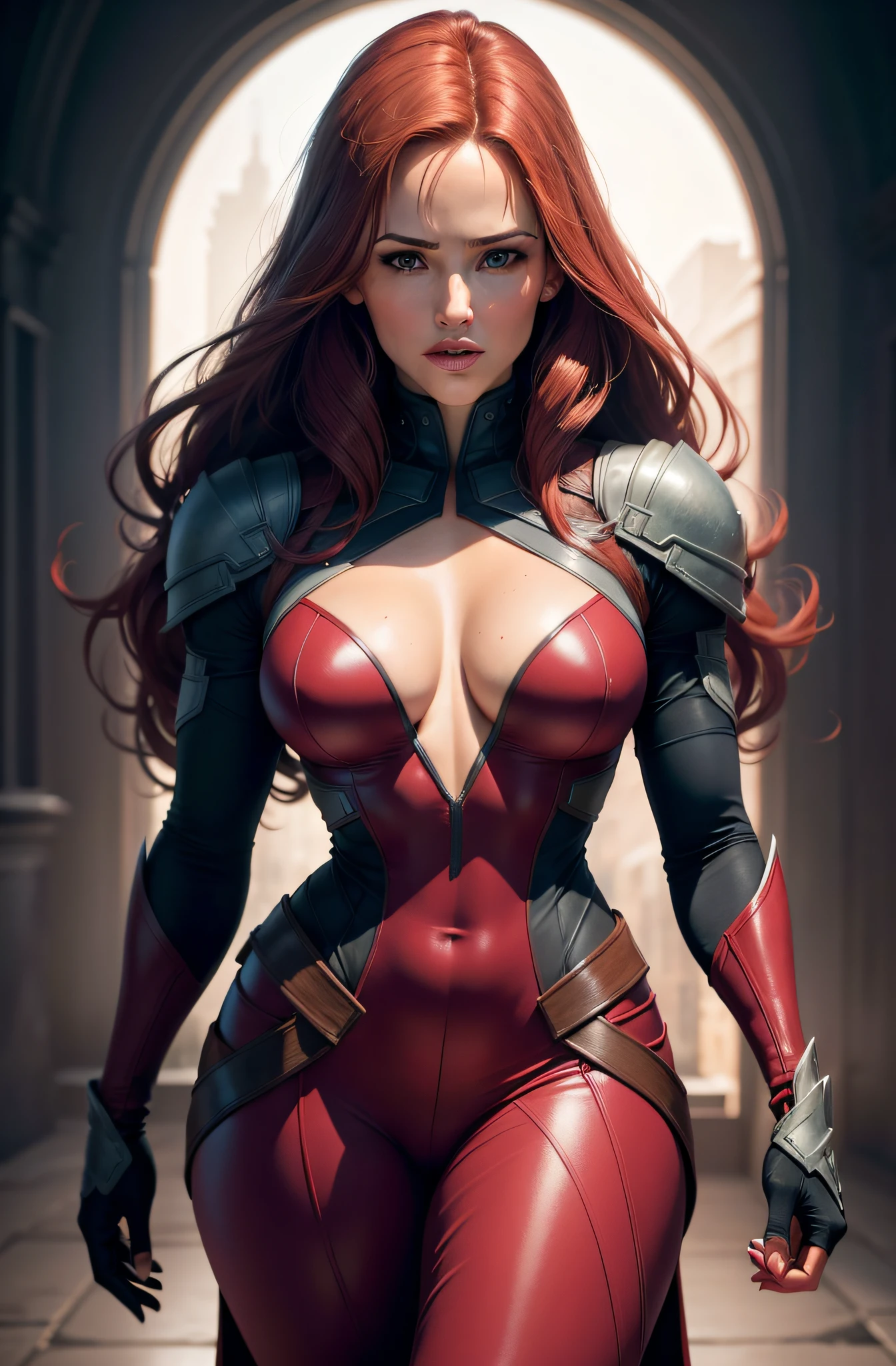 Jennifer Garner from the TV series Alias as Storm from the X-Men, red hair, cleavage showing, Roupa decotad cor
preta com detalhe rosa escuro a,, Mostrando muita pele, bronzeado escuro