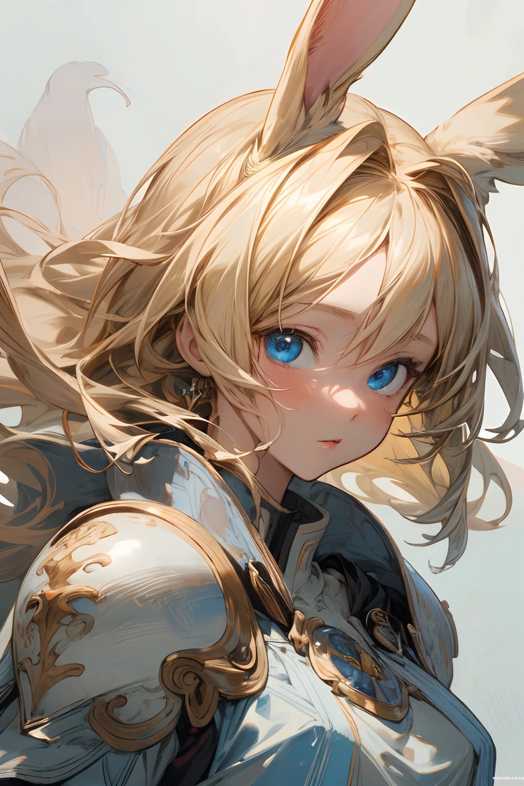 masterpiece, best quality, highres, ultra-detailed, artbook, anime coloring, CG, illustration , fantasy, 1girl, solo, focus, looking at viewer, armor, detailed beautiful face and eyes, floating hair, simple background, illustration, photorealistic, beautifully drawn, vivid color, blond hair, blue eyes, rabbit ears, portrait, painting