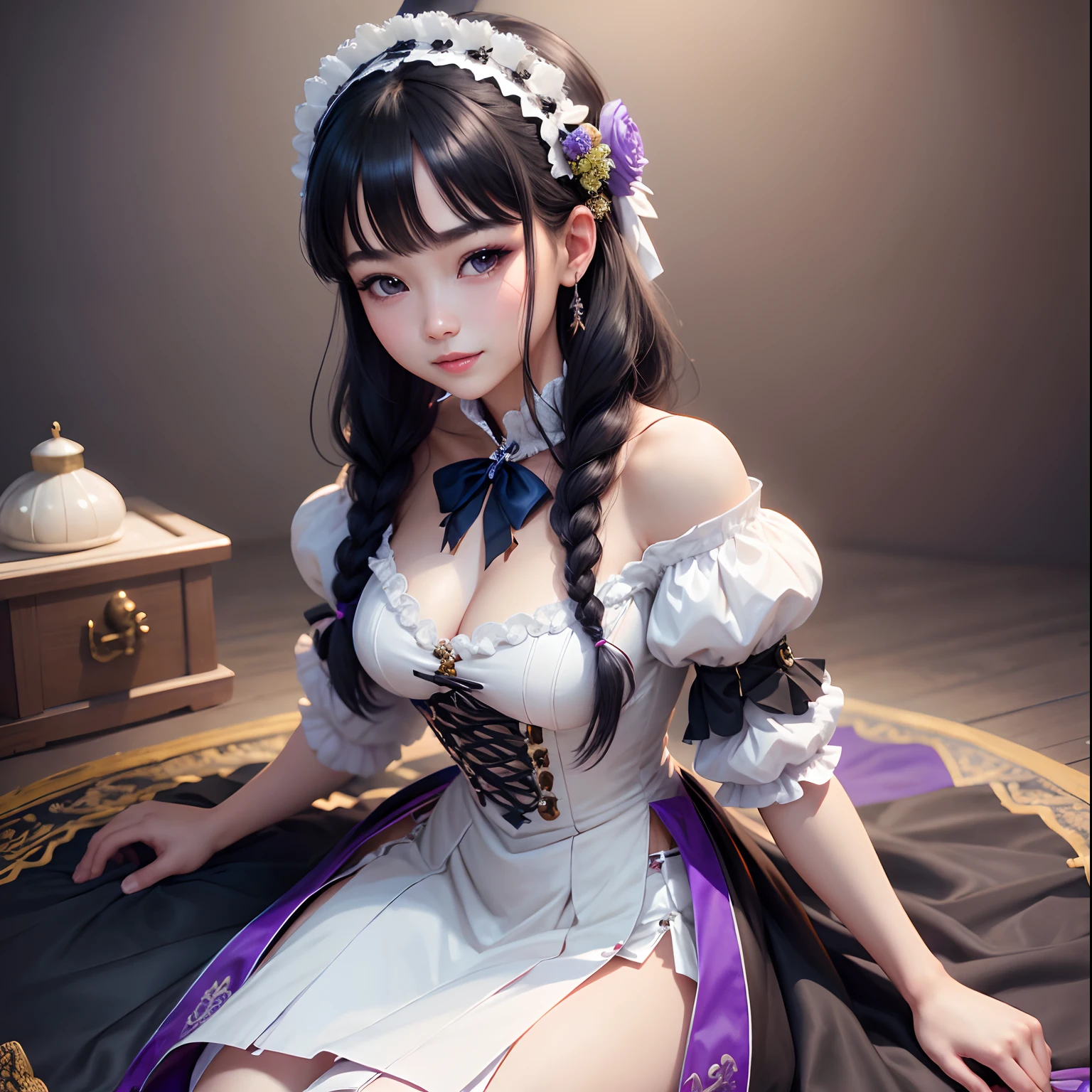 korean,realistic, masterpiece, final detail, photo realistic, intricate detail, octane rendering, 8K, 1Girl, full bodyperfect face, beautiful face, NSWF, trough reference, detail hair,, black bow, black gloves, black legs, blue eyes, blue hair, bow, collarbone, dress, drill hair, ruffles, ruffles, gloves, gwen, headdress, highres, long hair, parted lips, puffy sleeves, purple eyes, smile, solo, white dress, oil skin,