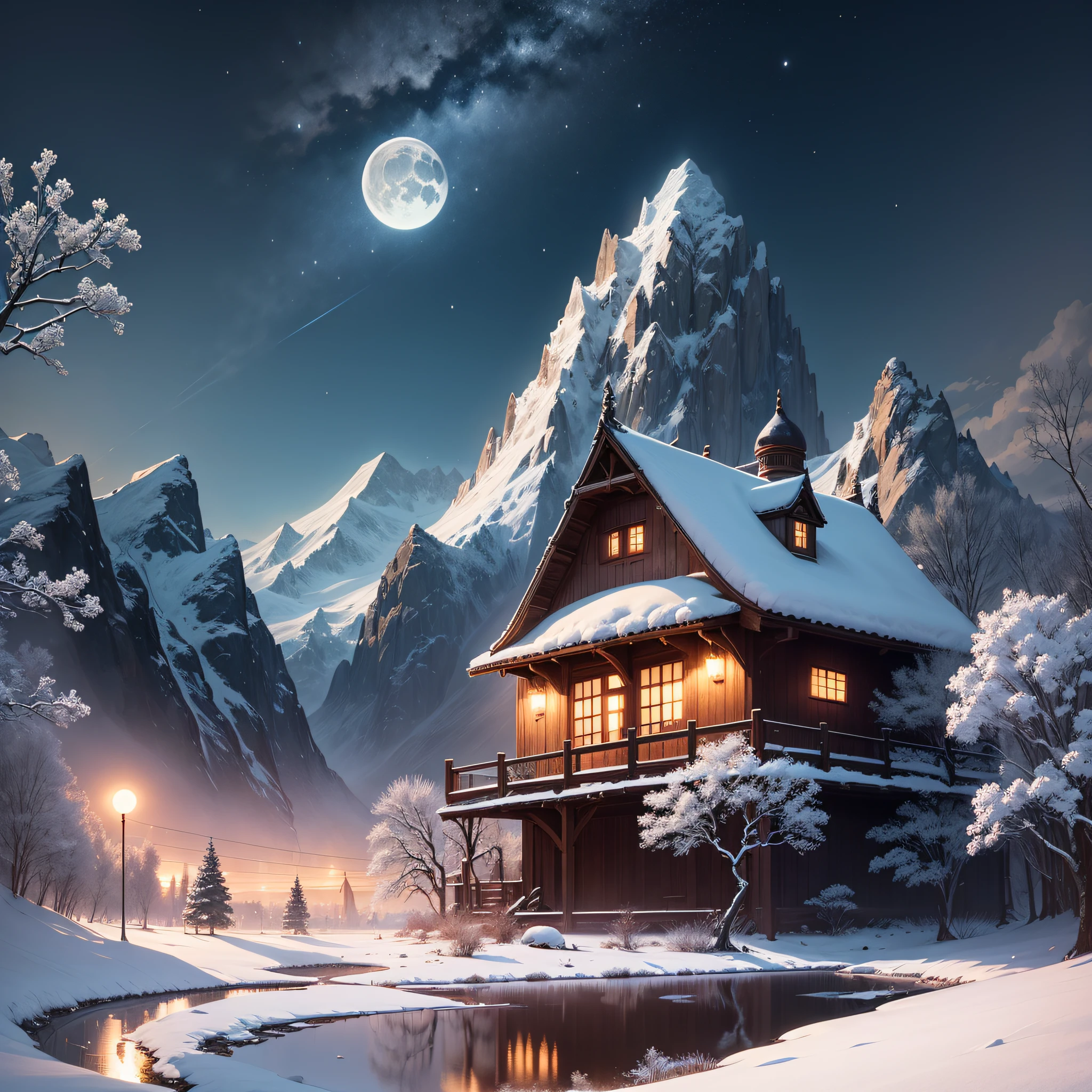 Generate a captivating digital artwork featuring Felicia from Darkstalkers as the central character, set in a tranquil nighttime scene. Place Felicia in the foreground, illuminated by the moon's soft glow. In the middle ground, depict an intricate agrarian landscape, including rustic farmhouses, fields, and winding paths. In the far distance, illustrate snow-covered mountains that stand under the moonlight. Ensure that the moon's reflection shimmers on the distant rice paddies, creating a harmonious and dreamy composition.