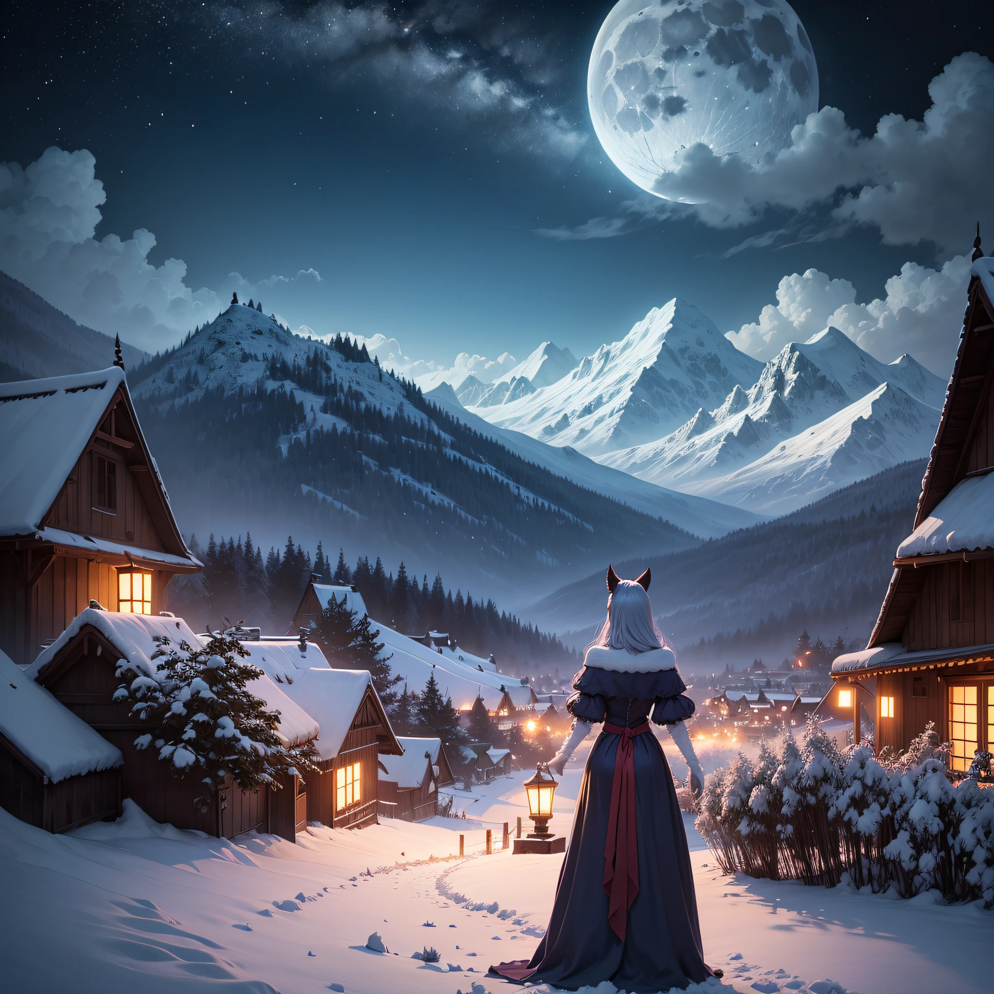 Generate a captivating digital artwork featuring Felicia from Darkstalkers as the central character, set in a tranquil nighttime scene. Place Felicia in the foreground, illuminated by the moon's soft glow. In the middle ground, depict an intricate agrarian landscape, including rustic farmhouses, fields, and winding paths. In the far distance, illustrate snow-covered mountains that stand under the moonlight. Ensure that the moon's reflection shimmers on the distant rice paddies, creating a harmonious and dreamy composition.