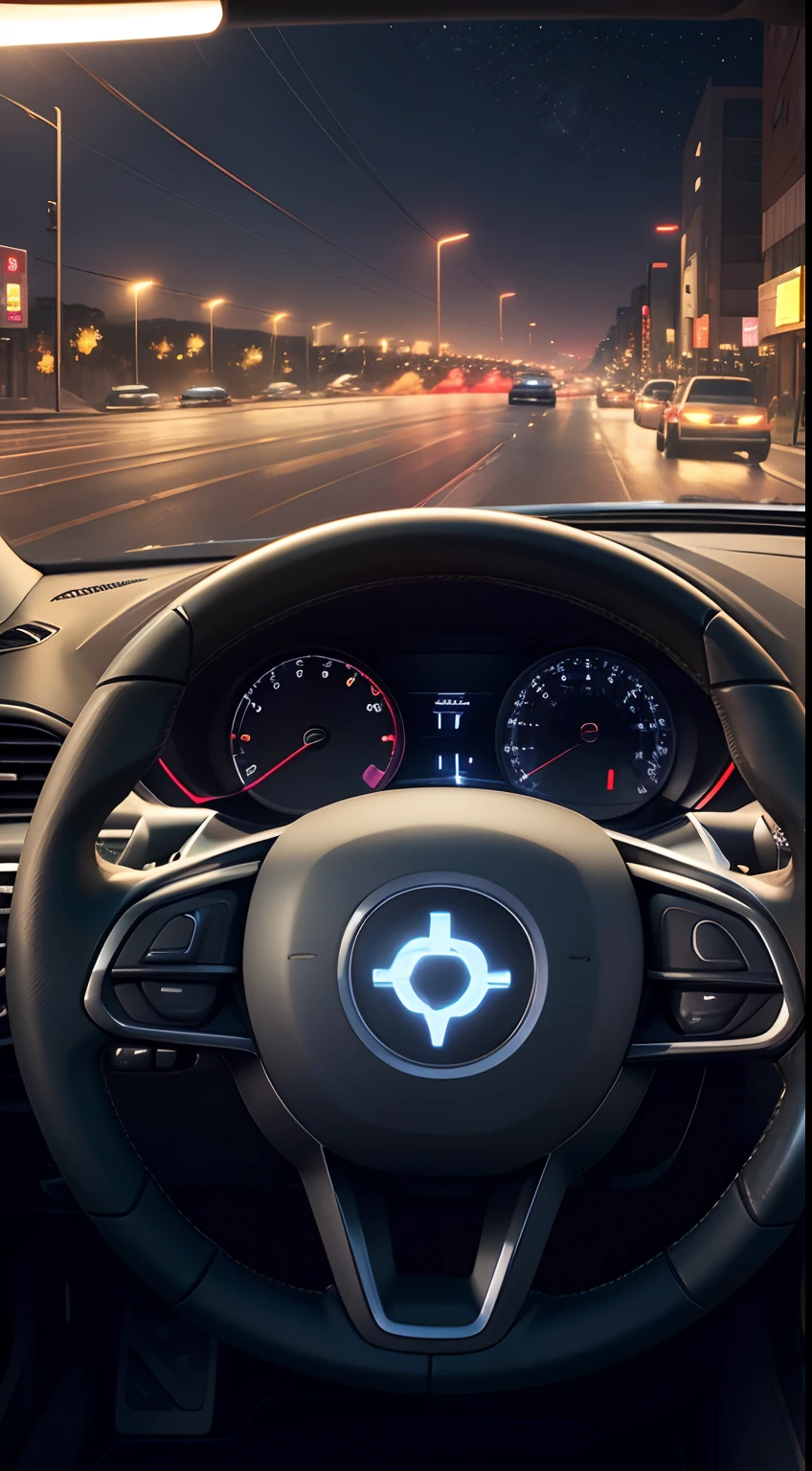 (POV:1.5), driving a car, cg render, inside a car, steering wheel, no_humans, window,street, speedometer glowing, (night:1.3), glow, cool colors, modern, round steering wheel, white interior,  luxury, sports car, 4k, [:modern city , bildboards, japan, (long exposure:1), traced lights:8]