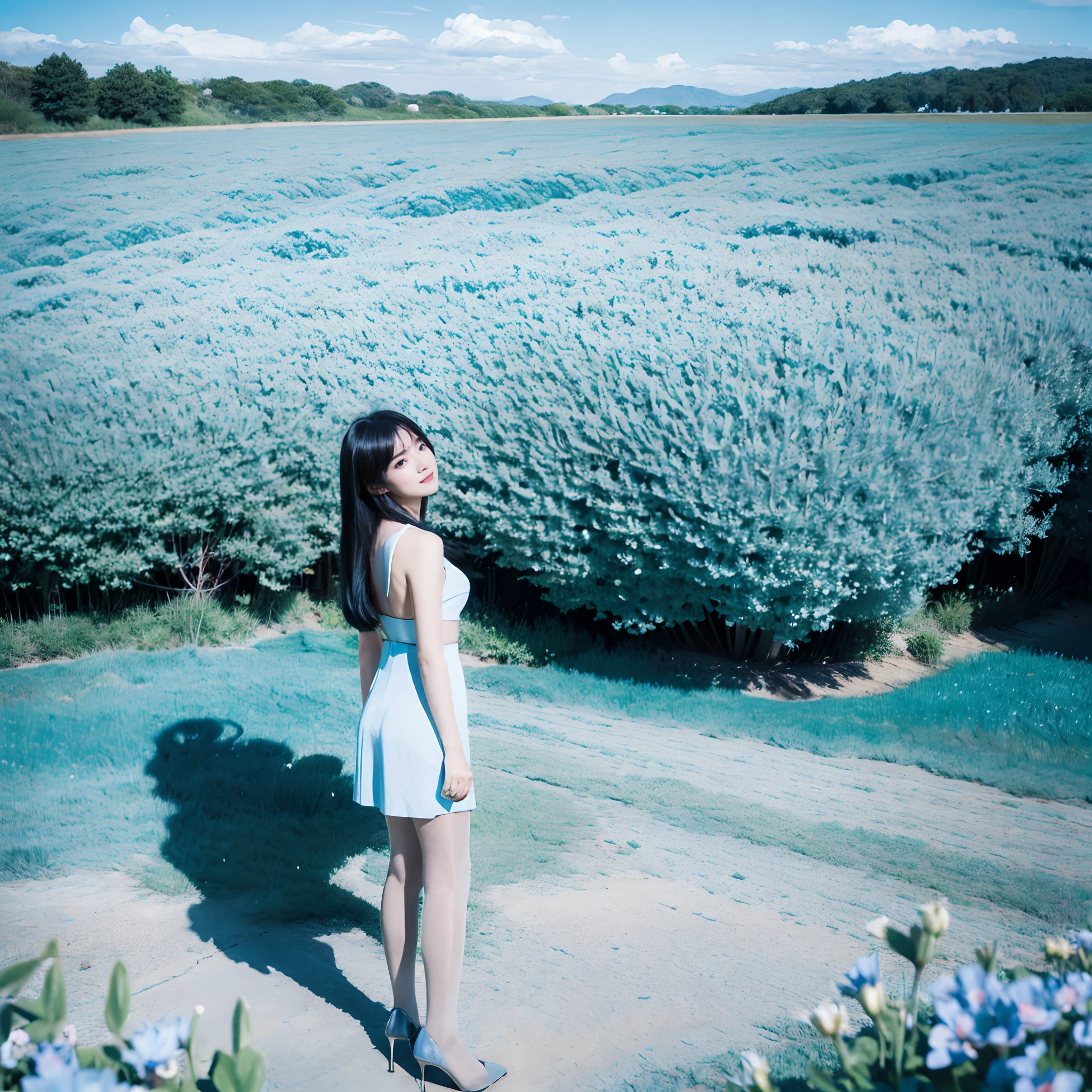 (absurderes, A high resolution, Ultra detailed, hyper HD, Cinematic), Solo, 1girll, mature, cheerfulness, Girl standing in a light blue flower field, Girl around light blue petals, full bodyesbian, Blue long-haired girl, Light blue hair, fantasy, Dreamy, Snowy, offcial art, Pop art, profile, hyperdetailed face, hyper detail eyes, Light blue flower field, Hyper-detailed fields, White blue sky, Cold, Light blue, White,  Nebula in the sky, blue tree, aquarelle, Pastel color，Flesh-colored pantyhose，high-heels