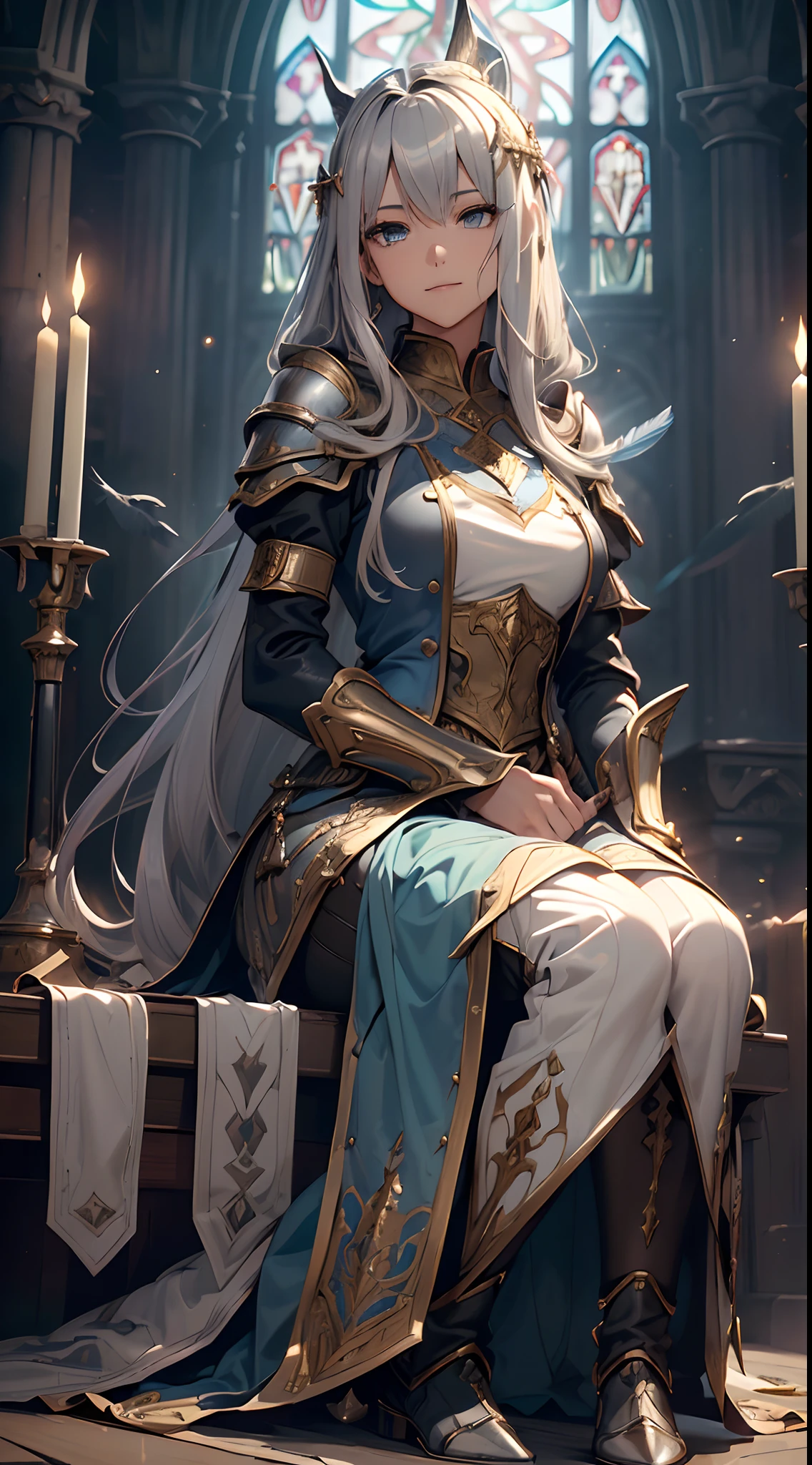 (Official art、Best Quality、Unity 8k Wallpapers、32K、masterpiece、ultra-detailliert、超A high resolution、realisitic、Photorealsitic、Very ridiculous:1.2)、(Cinematic lighting:1.2)、Fireglow effect、film grains、Best Shadows、sideshot、sideways Facing、Rim lighting、side lights、(Ultra-detailed and complex 3D rendering)、Detailed beautiful face and eyes、Sharp pupils、Realistic pupils、A slender、1Man Woman、Medium bust、(cowboy shot:1.2)、 beauitful face、16-year-old beautiful girl、(super detailed skin、detailed skin textures:1.3)、(silver blond、Blue-silver hair:1.3)、Paladin、Longhaire、Blunt bangs、Green eyes、3 braids in 1 bunch、(Blue Armor、Blue Boots、Blue helmet、Jeweled、Gold embroidery)、A slender、Maxi skirt、(thighs thighs thighs thighs:0.8)、(chies、in a house、Artistic stained glass、Large pipe organ、crosses、Hello Point、Mystical、a lot of feathers float、angelicales、Particles of light、solemnity、Sunlight is、colourfull、Fantastical:1.2)、(Fantastical:1.3)、(sideways Facing、fit hands、Virgin sitting:1.4)、(Holding the Holy Sword:1.2)、Fantastical、Smiling smile