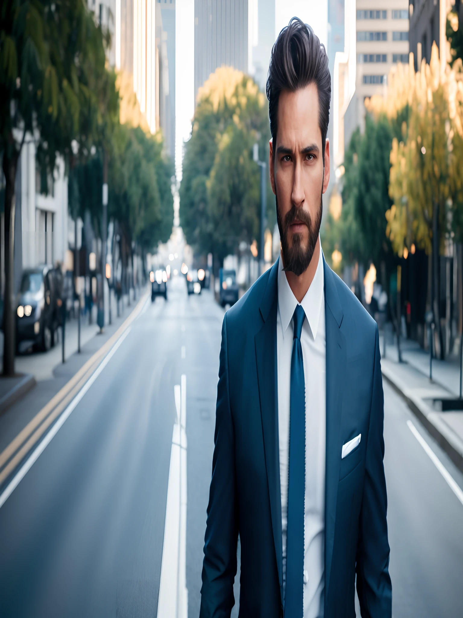 a handsome businessman, full body, black suit, light blue shirt, fit, walking down the street, photorealistic, photo, masterpiece, realistic, realism, photorealism, high contrast, photorealistic digital art trend in Artstation 8k HD high definition detailed realistic, detailed, skin texture, hyper detailed, realistic skin texture, armor, best quality, ultra high res, (photorealistic: 1.4),, high resolution, detailed, raw photo, Sharp Re, by Lee Jeffries Nikon D850 Film Stock Photography 4 Kodak Portra 400 Camera F1.6 Lens Rich Colors Hyper Realistic Texture Dramatic Texture UnrealEngine Trend in ArtStation CineStill 800,