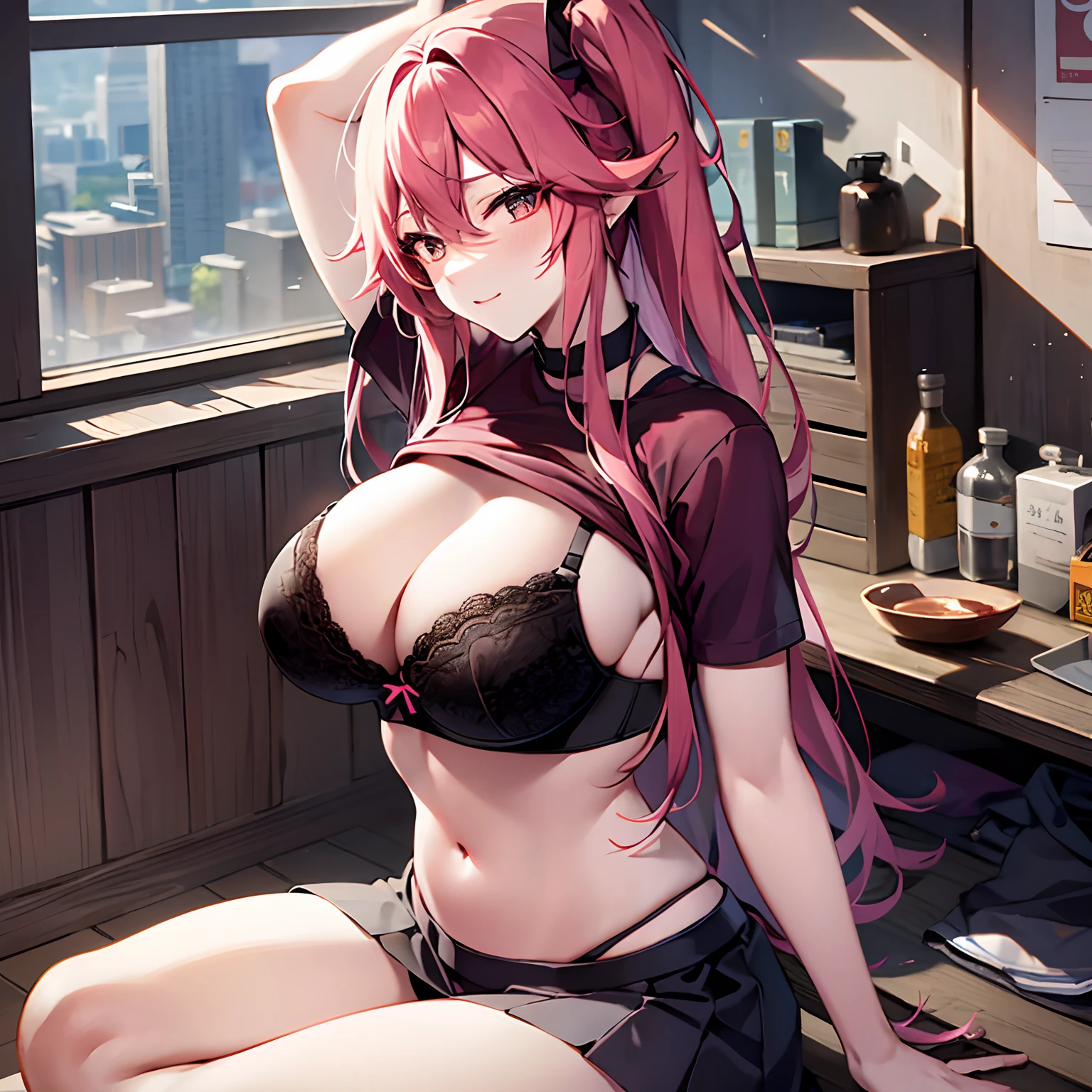 1 Yae Shinko, Large breasts,, cleavage, navel, T-shirt, ((Bra)),Clothes lift, Skirt, Lying, full bodyesbian,Sexy body,Sitting