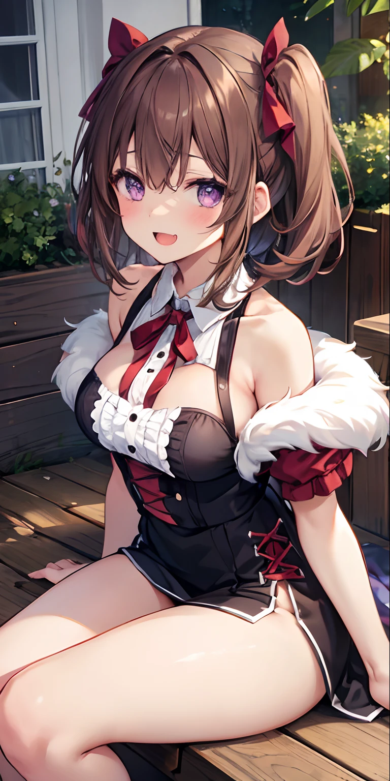 1 girl, alone, breasts, Looking at the Viewer, blushing, smiling, open mouth, bangs, medium breasts, brown hair, ribbon, hair between the eyes, bare shoulders, sitting, , purple eyes, ass, :d, thick legs, Thick thighs, outdoor, fang, paddles, red bow, fluff, neck ribbon, solar floor light, fur fang