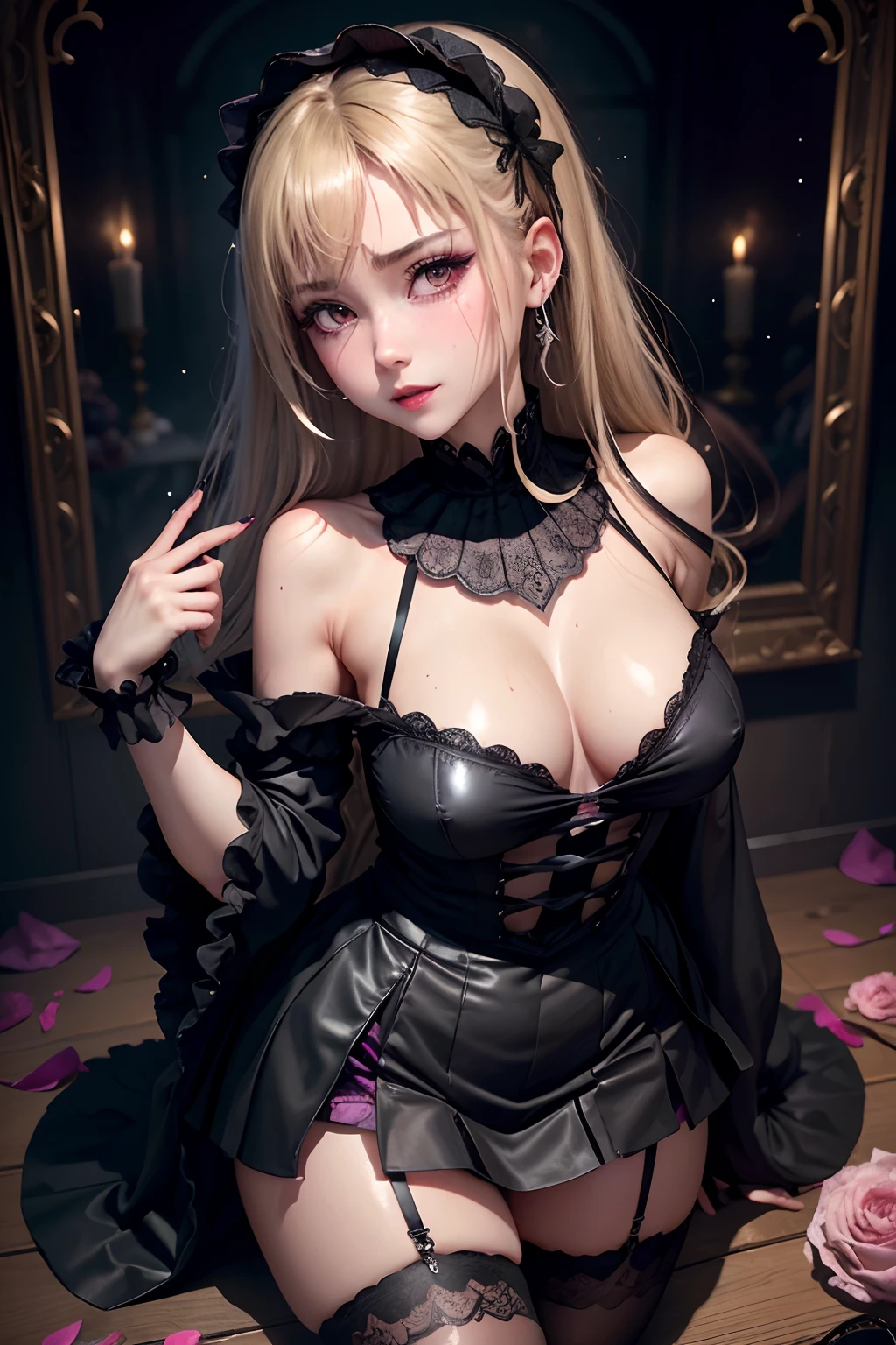 Fornication、Hard Dark Gothic Makeup、Maniacal、Deep night sky、horor、Black Dark Eyeshadow、slaves、crying how bright、mourn、Sad songs、Good skin luster、Lace pink、Long hair straight hair、Dark Gothic Makeup、Dark smile、Restless Palace、Expressions of sexual arousal、Fragrant beauty、age19、carriage、Lying、seductiv、Strong sexual pleasure facial expressions、A look of shame、Dark Gothic、Gothic Long Dress、Gothic lolita、masturbation、bell sleeves、Wizard Sleeve、Obscene look、Stained glass background、masutepiece、Best Quality、Ultra-detailed、Refers to 5 books、Sweat glitters on my chest、Glitter of sweat on your face、Expression of sexual pleasure in anguish、Drunken face、maid clothes、Nasty Woman、Mysterious、noble、Face holding back the toilet、Goth loli clothes、Black pretend skirt、View from above、the body is wet and shiny、Transcendent sex appeal、Sexy Poses、Nasty poses、Face of fiery body、sloppily open your legs、Sweat profusely and glitter on the thighs、I'm sweating a lot、a little slender、Breast Size Medium、cross one's legs、affectionate smile、twin-tail hair、Bright blonde hair、