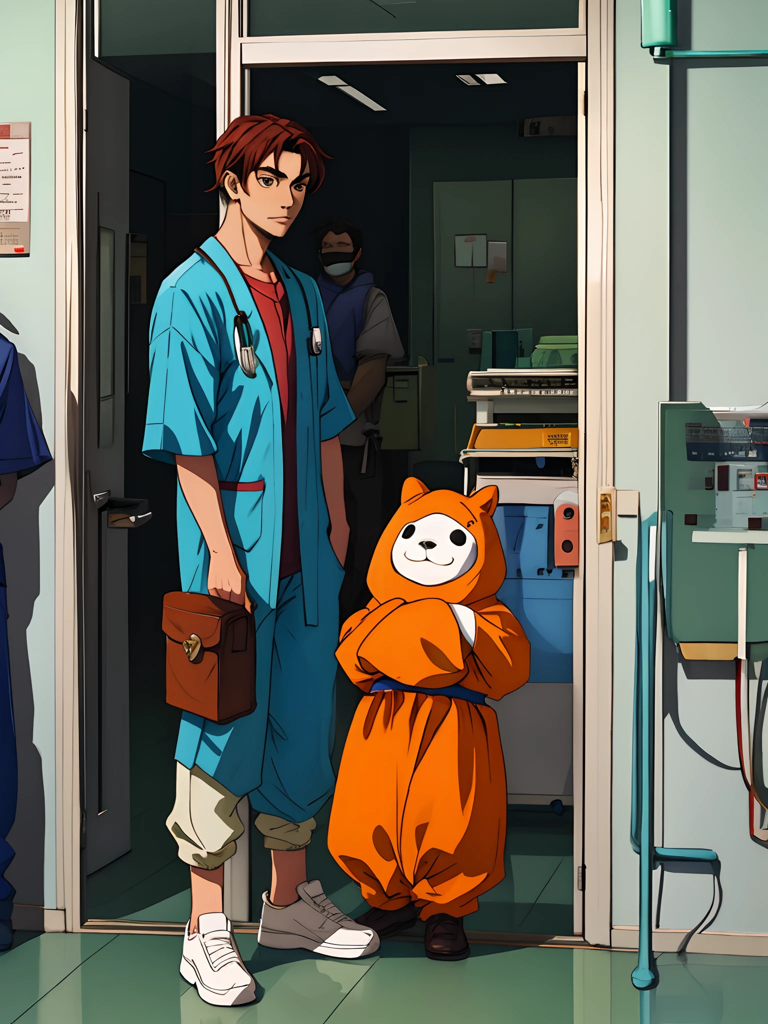 Dressed in Tang costumes,Homem de meia idade,Stand at the door of a hospital ward,Face me