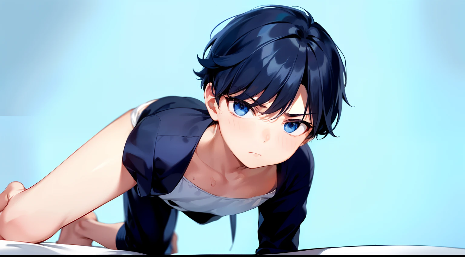 #composition (Low angle,worms-eye-view,There was a boy.), #person (A boy,Small but cute boy、Bullish personality、honor student、Good impression、Boy's hand、Knees、The thighs of a 14 year old boy、Big breasts Thin waist,Sweaty), #Boy facial (Big drooping eyes、Strong-willed、Serious eyes、blue color eyes), #Boy's hair (His hair is jet black. He has short, Straight hair,Hairstyle is natural and neat,M-shaped bangs.), #boy cloth (His upper body,He wears a pair of black shorts on his lower body.), #Boy's background (Blue background,White sheets), #Boy's pose (He sat flat,A hand caressed his abdomen,wide open thighs,Postural instability), #Boy's emotions (Shy,is shy)