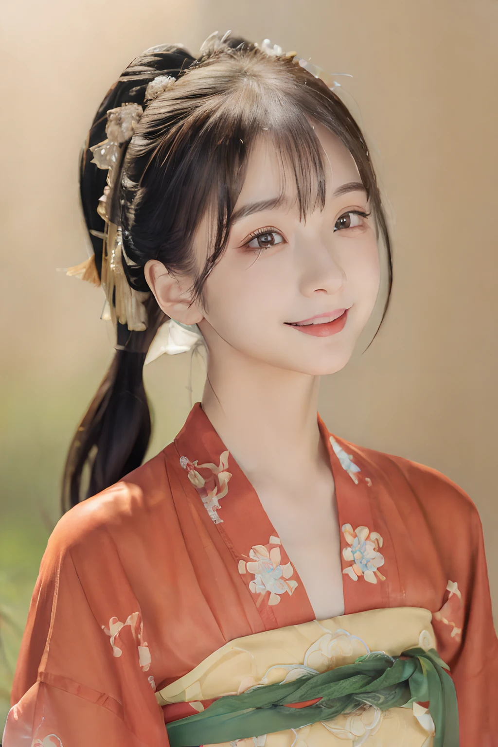 Best quality at best,tmasterpiece,超高分辨率,(photo-realistic:1.4),8K raw photos, A high resolution,Ancient Chinese red Hanfu,Beautiful pattern,beautiful eyes in detail, long eyelasher, RAW photogr, face to the viewer, The upper part of the body, Close-up Shot Shot, ((( Landscape background))),(((1girll))),独奏,Upper body smile,heads,low tune,Upper frontal lobe, Beautiful hairstyle,No action