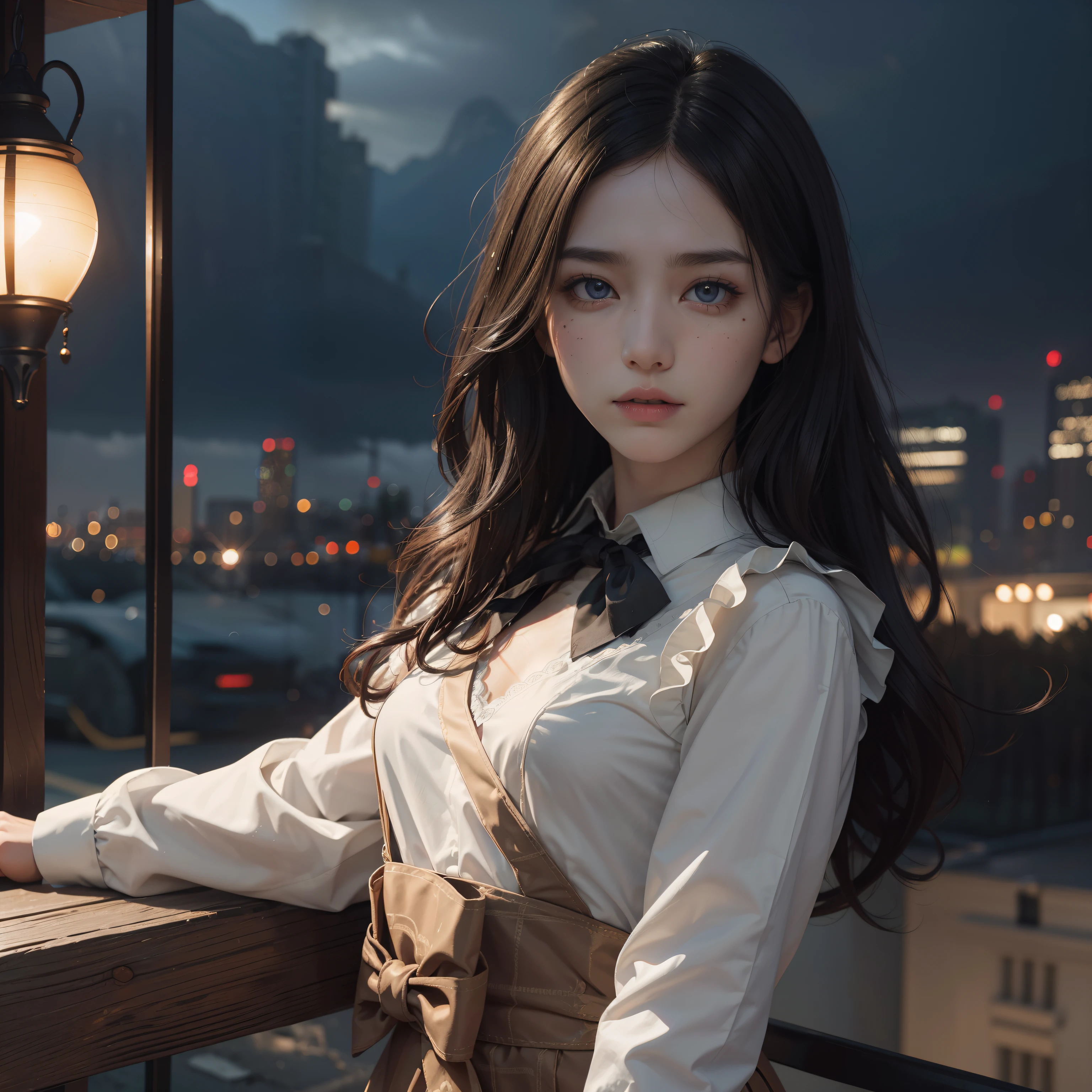(Hyper-realistic), (Illustration), (High resolution), (8K), (Extremely detailed), (Best Illustration), Yol ( chain saw man ), (Beautiful detailed eyes), (Best Quality), (Ultra-detailed), (masutepiece), (Wallpaper), (Detailed face), Solo, Upper body, Focus on Face, 1 girl, Long Black Hair, Korean, Thin eyeshadow, A detailed eye, Brown eyes, Small moles under the eyes, Long sleeve shirt, Neckbow, Small breasts, pinafore dress, Dynamic Pose, low illuminance, Night, Dark, Clouds, a dark night