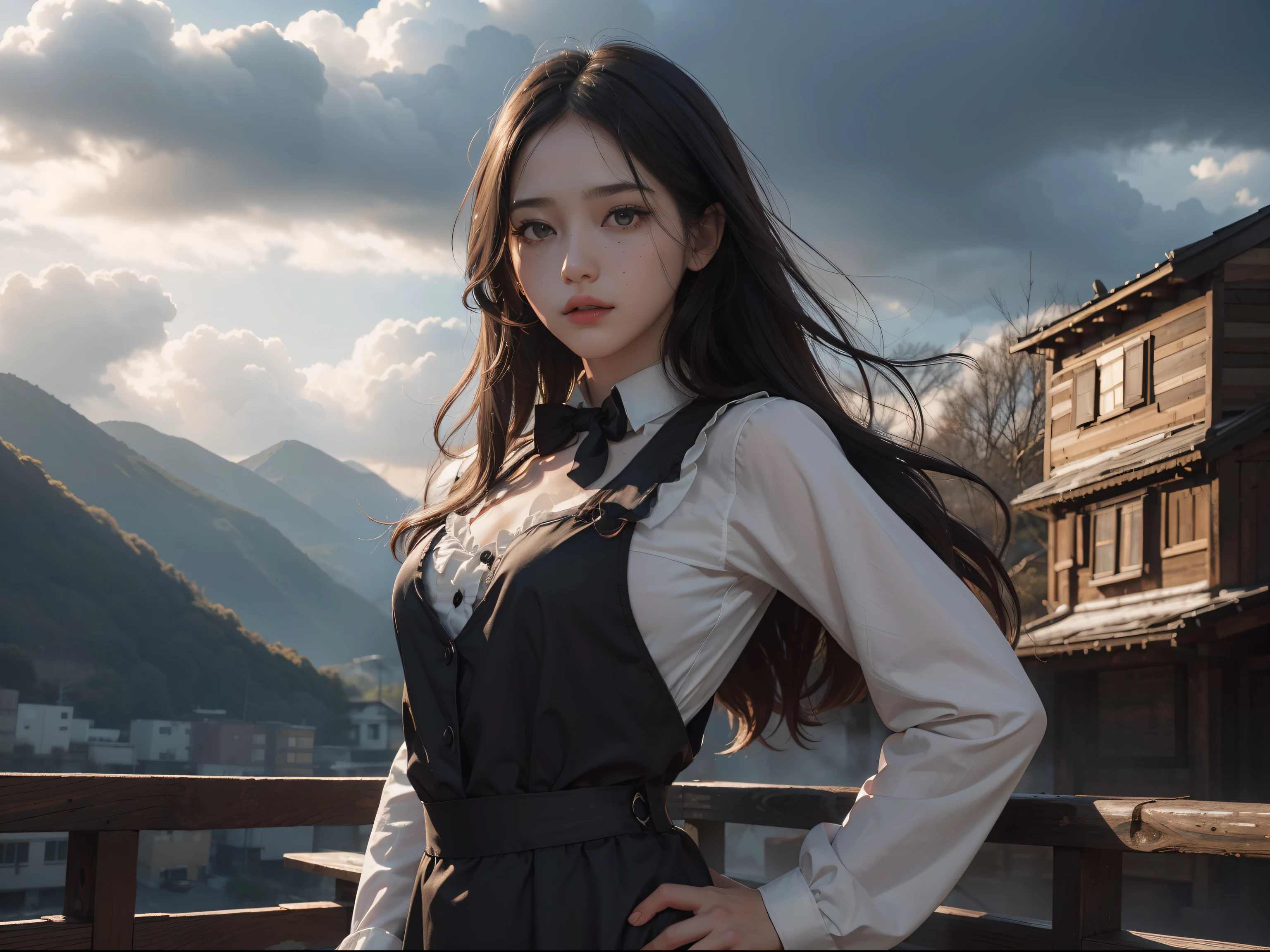 (Hyper-realistic), (Illustration), (High resolution), (8K), (Extremely detailed), (Best Illustration), Yol ( chain saw man ), (Beautiful detailed eyes), (Best Quality), (Ultra-detailed), (masutepiece), (Wallpaper), (Detailed face), Solo, Upper body, Focus on Face, 1 girl, Long Black Hair, Korean, Thin eyeshadow, A detailed eye, Brown eyes, Small moles under the eyes, Long sleeve shirt, Neckbow,  Small breasts, pinafore dress, Dynamic Pose, low illuminance, Night, Dark, Clouds, a dark night