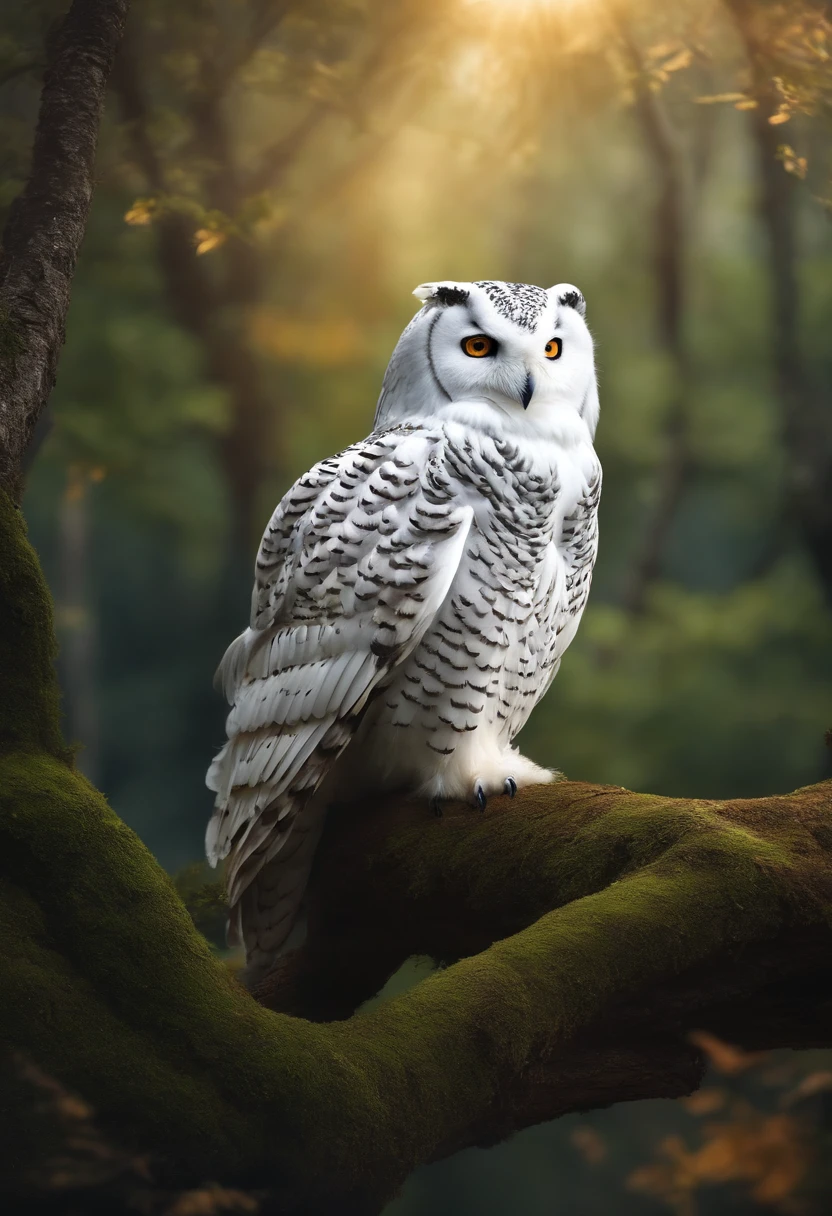 There is a white owl flying in a beautiful forest