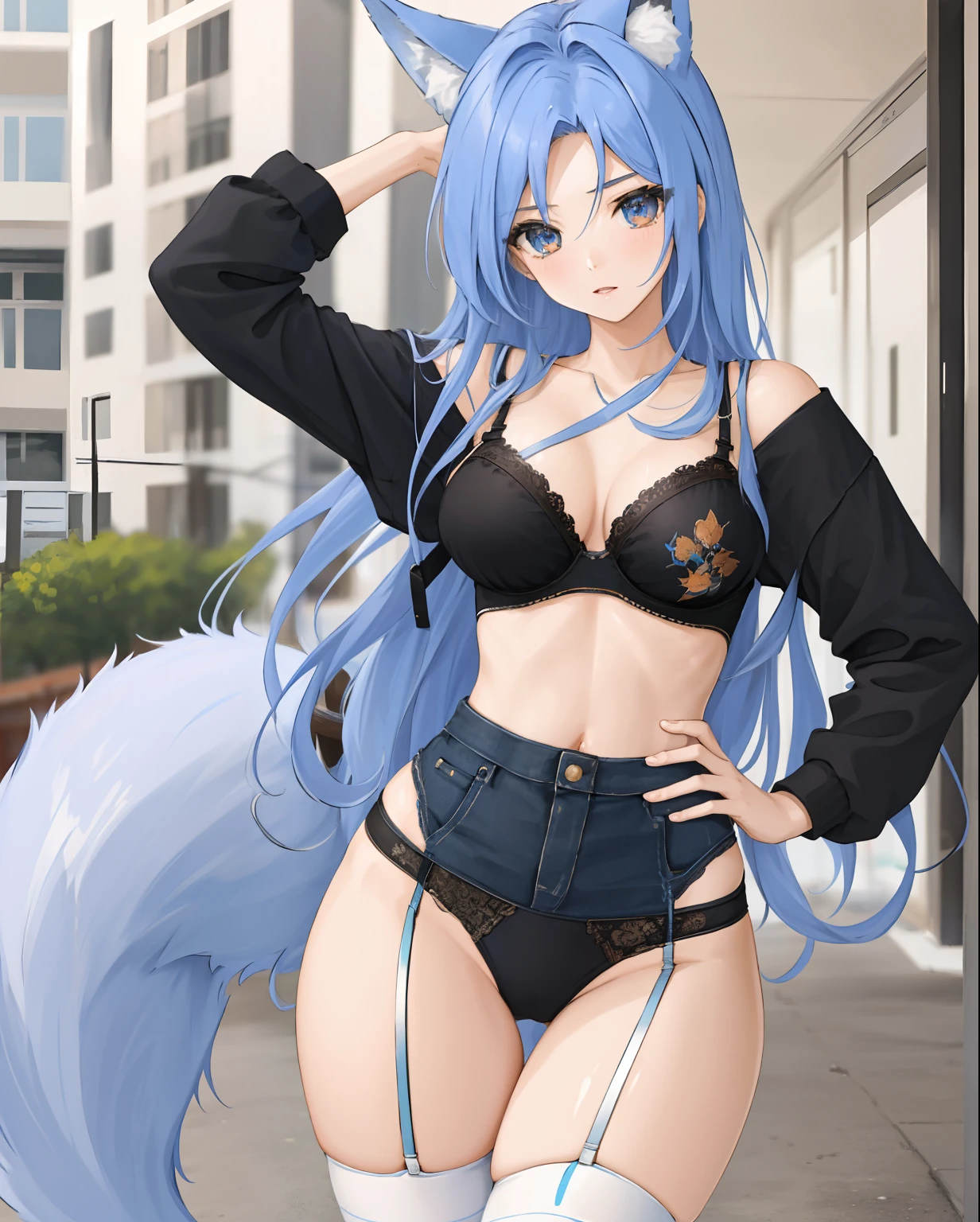 chaesu-minah, 1girl, solo, light blue lingerie, blue eyes, blue hair, 8k, high resolution, shallow depth of field, high detai, in the street, thong straps, (panty straps:1.5), hands on hips, short shorts, shelf bra, sexy, nsfw, masterpiece, best quality, highly detailed, fox girl, fox ears, fluffy blue fox tail,