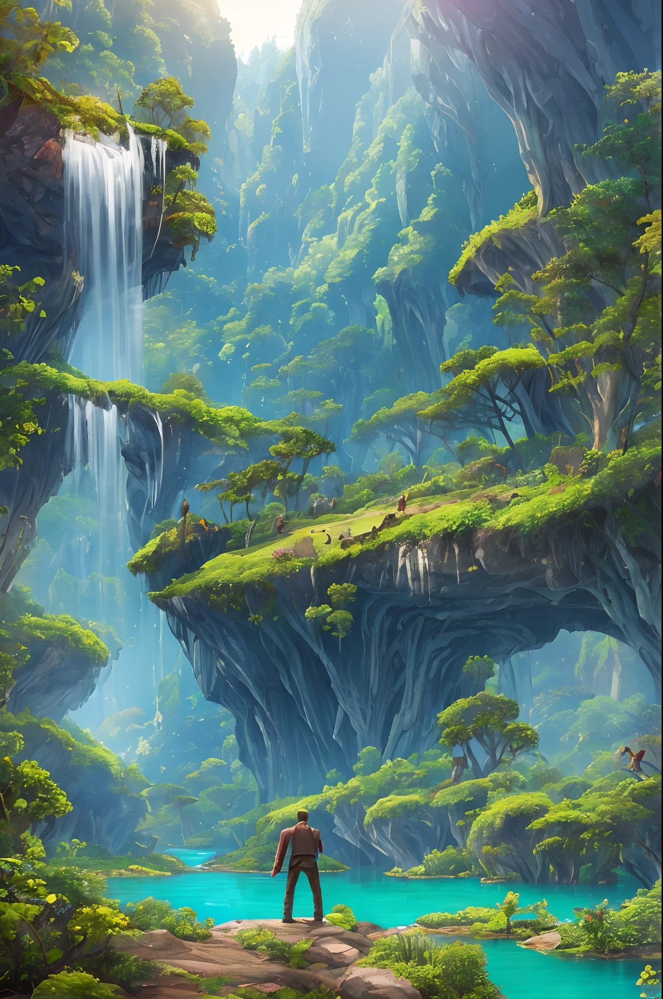 A young man playing the piano, he stands on his back, in the middle of a forest enchanted with fanciful animals in a totally fantastic environment and rich in details and traits. Giant trees surround rivers and mountains on the horizon. It's like an enchanted paradise --auto --s2