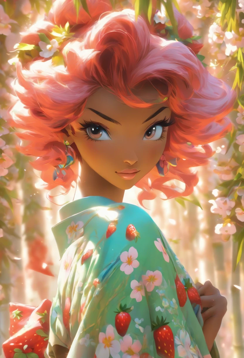 masterpiece, ultra-detailed, best quality, hires, absurdres, very detailed illustrations, extremely detailed, intricate details, extremely detailed 8k cg, HDR, colorful, flat color, thick outlines, correct proportions:1.3
(((dark-skinned girl, beautiful blue eyes, (((strawberry pink and orange multicolored hair))), draped in a light blue edo-period kimono, with a navy and teal accents and decoration is walking along a field of cherry blossoms along a grotto with a bamboo umbrella))). ,( highly detailed, Hair Between Eyes, Overcast Sky, Multicolored Hair, Tactical Use Of Shadow, HD, tatoo outline, full of emotion, perfect hands extremely fine and beautiful), pov, (ultra-detailed,5k, 717 gigapixels)(masterpiece), (ultra-detailed), (perfect details), (extremely fine and beautiful), sense of depth, depth of field) ( dynamic angle, green scenery, dramatic lighting, volumetric lighting, golden hour,) ,