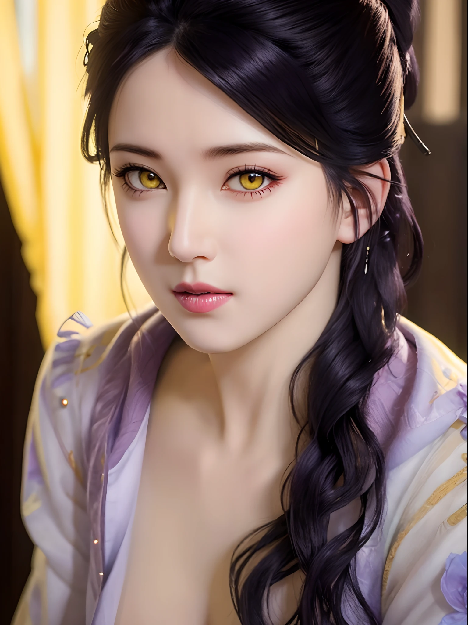 (hyperrealistic), (illustration), (high resolution), (8K), (extremely detailed), (best illustration), (beautiful detailed eyes), (best quality), (ultra-detailed), (masterpiece), (wallpaper), (photorealistic), (natural light), (rim lighting), (detailed face), (high detailed realistic skin texture), (anatomically correct), (solo), (1 girl), (high detailed realistic hair), (purple black hair:1.35), (heterochromic eyes), (detailed eyes), (yellow eyes:1.37), (sparkling eyes), (realistic big breasts:1.5), (nude:1.35), (long legs), (slender abs), (dynamic pose), (closed tiny mouth:1.3), nsfw, concentrated expression,