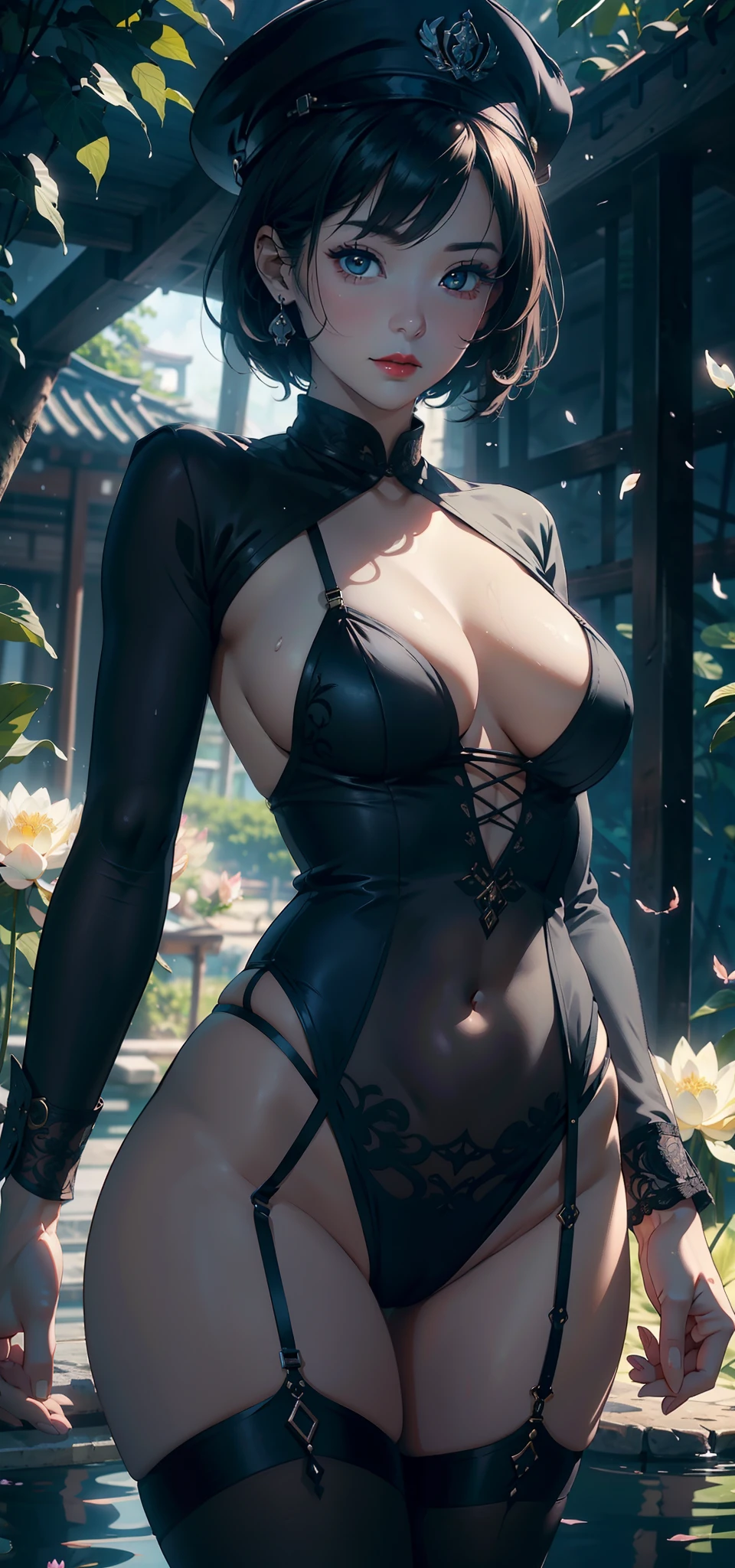 1female,45 yers old,Married Woman,熟妇,plumw,extremely large bosom, 独奏,(Background with:ponds,Cherry blossom forest,rainforests,lotus flower)Lie underwater, She has short hair,seen from the front,, mostly cloudy sky,(((tmasterpiece),(Very detailed CG unity 8K wallpaper),best qualtiy,cinmatic lighting,detailed back ground,beatiful detailed eyes,Bright pupils,Black eyes,Snow-whiteskin,Redlip(Very fine and beautiful),(Beautiful and detailed eye description),ultra - detailed,tmasterpiece,))facing at camera,A high resolution,ultra - detailed),revealing breasts,Bare genitalia, Bulge,legs are open,Raised sexy,Camel toes,Desire for dissatisfaction,frontage,(Wearing:Green officer uniform,military hat,Bare ,black lence stockings)