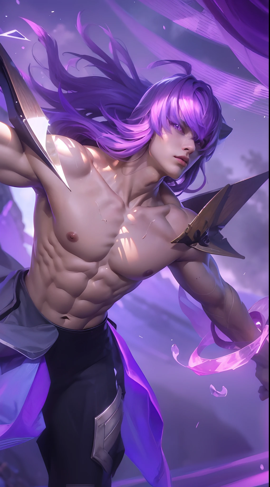 (max resolution: 1.2), (Ultra HDTV: 1.2), 8K resolution, Eye and skin details, detailed facial features, , (Sharp focus: 1.2), (Focus exact) facial expressions: 1.2), 1 Standing guy, (long hair), Purple hair, Toned body, Perfect muscles, Exposed pecs, Body 6, Black briefs, (Beach) , Sea water, Summer, Sunlight, Trees, Coconut trees