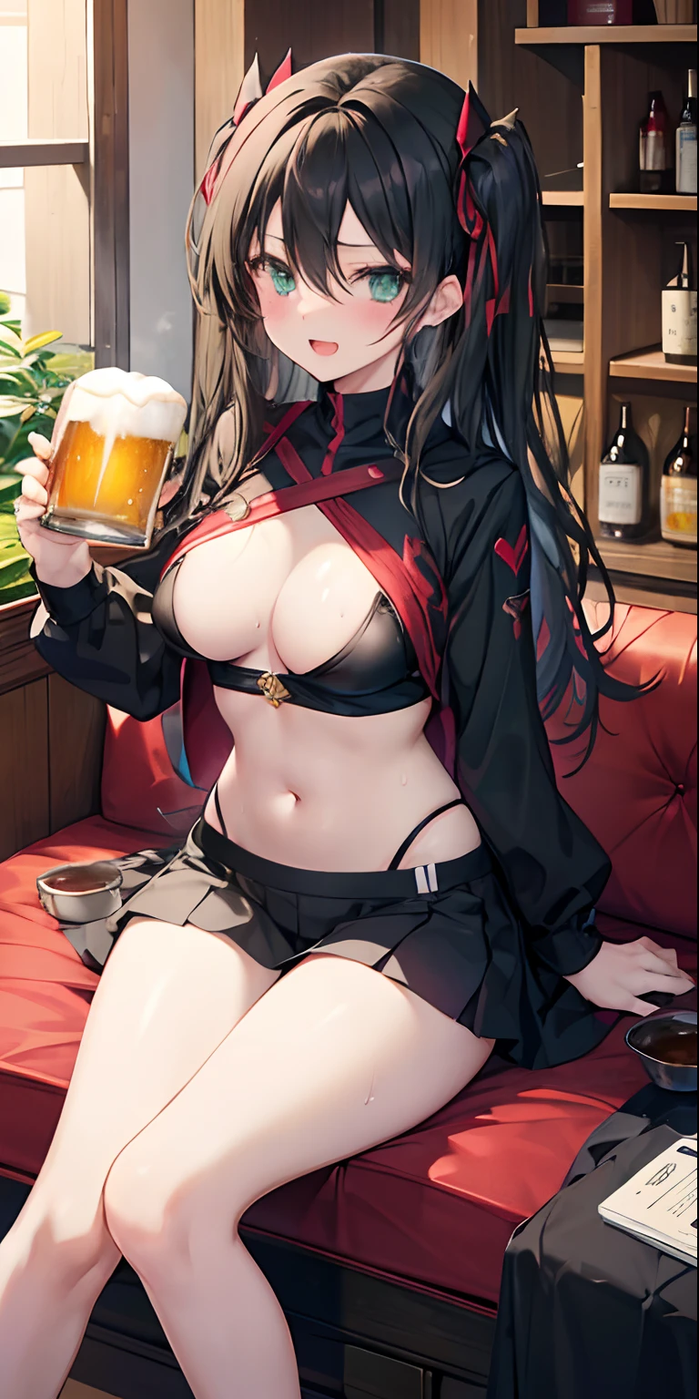 Rin Tohsaka, (\Fate/stay night\), 1girl, alone, long hair, breasts, Looking at Viewer, blushing, smiling, open mouth, bangs, green eyes, hair ornament, navel, hair between eyes, medium length breasts, sitting, , black hair, :d, heart, thighs, , sweat, , legs open, cup, completely , uncensored, , alcohol, mug, drunk, beer, beer mug