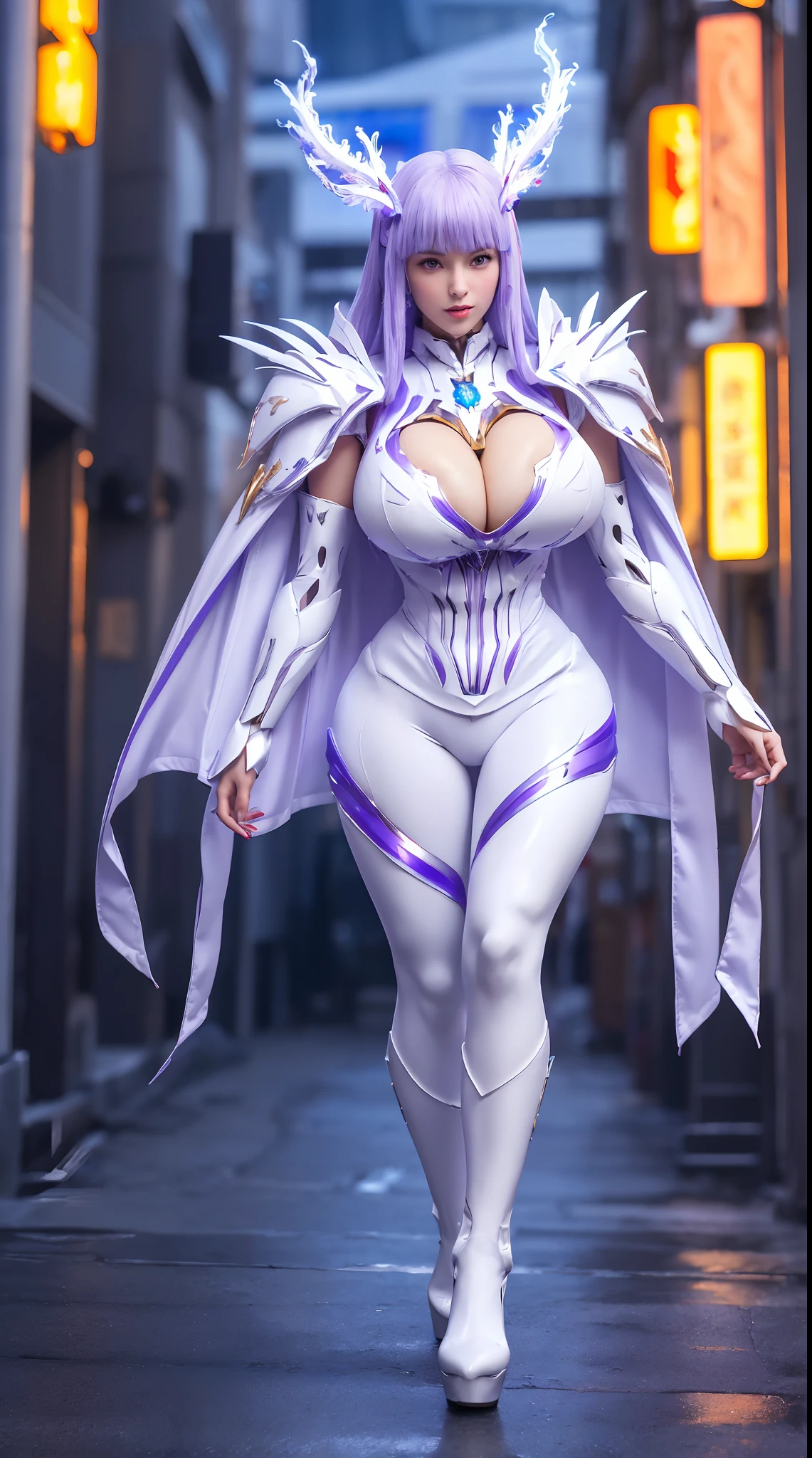 1GIRL, SOLO, (ssmile, makeup, beautifull eyes, red libs, white front bangs hair, gold ornament hair), (HUGE FAKE BOOBS:1.3), (GUARD ARM), (white, purple, blue, FUTURISTIC MECHA PHOENIX ARMOR SUIT, ROYAL CAPE, CLEAVAGE, SKINTIGHT YOGA PANTS, HIGH HEELS:1.5), (SLENDER BODY, SEXY LONG LEGS, FULL BODY:1.3), (LOOKING AT VIEWER:1), (WALKING DOWN ON STREET NIGHT CITY:1.3), PHYSICALLY-BASED RENDERING, ULTRA HIGHT DEFINITION, 8K, 1080P.