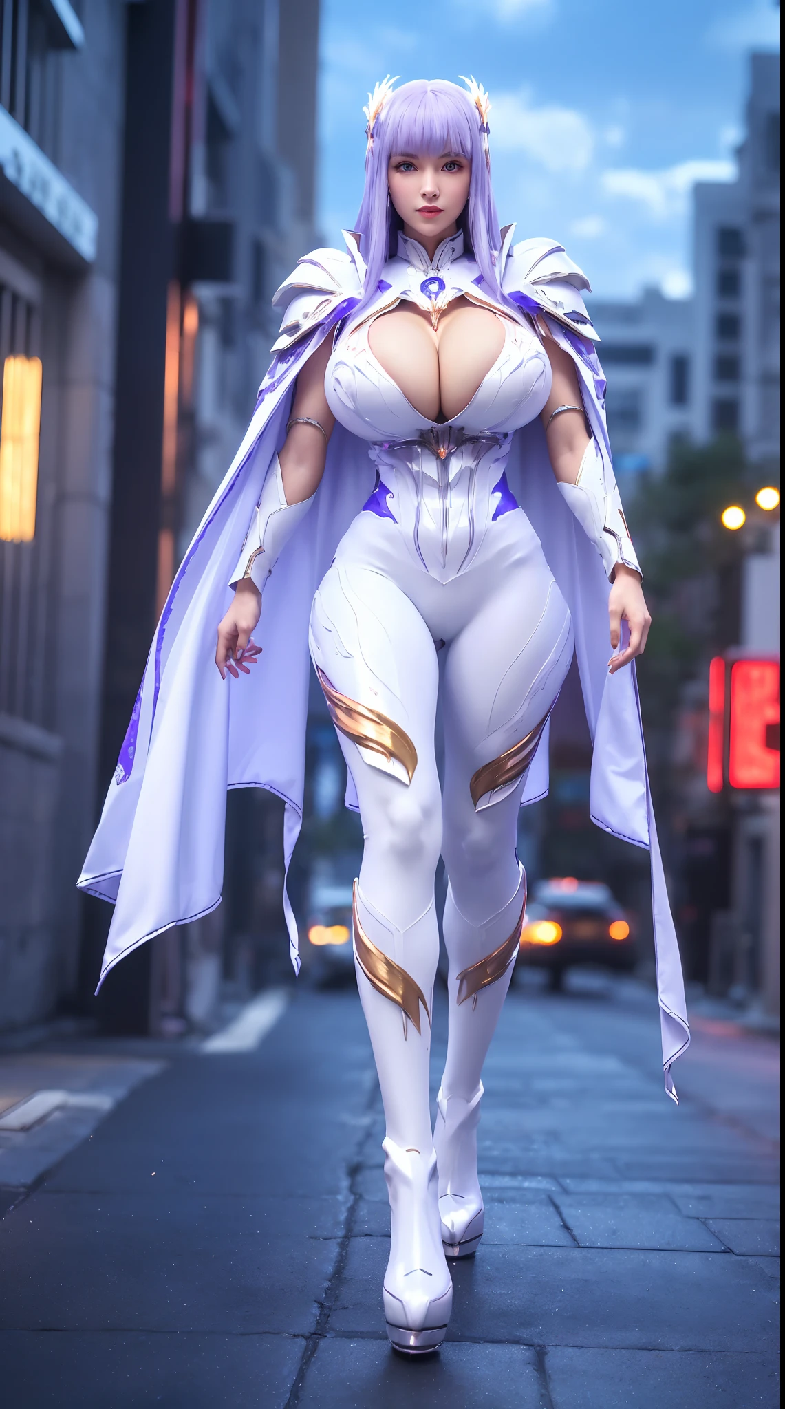 1GIRL, SOLO, (ssmile, makeup, beautifull eyes, red libs, white front bangs hair, gold ornament hair), (HUGE FAKE BOOBS:1.3), (GUARD ARM), (white, purple, blue, FUTURISTIC MECHA PHOENIX ARMOR SUIT, ROYAL CAPE, CLEAVAGE, SKINTIGHT YOGA PANTS, HIGH HEELS:1.5), (SLENDER BODY, SEXY LONG LEGS, FULL BODY:1.3), (LOOKING AT VIEWER:1), (WALKING DOWN ON STREET NIGHT CITY:1.3), PHYSICALLY-BASED RENDERING, ULTRA HIGHT DEFINITION, 8K, 1080P.