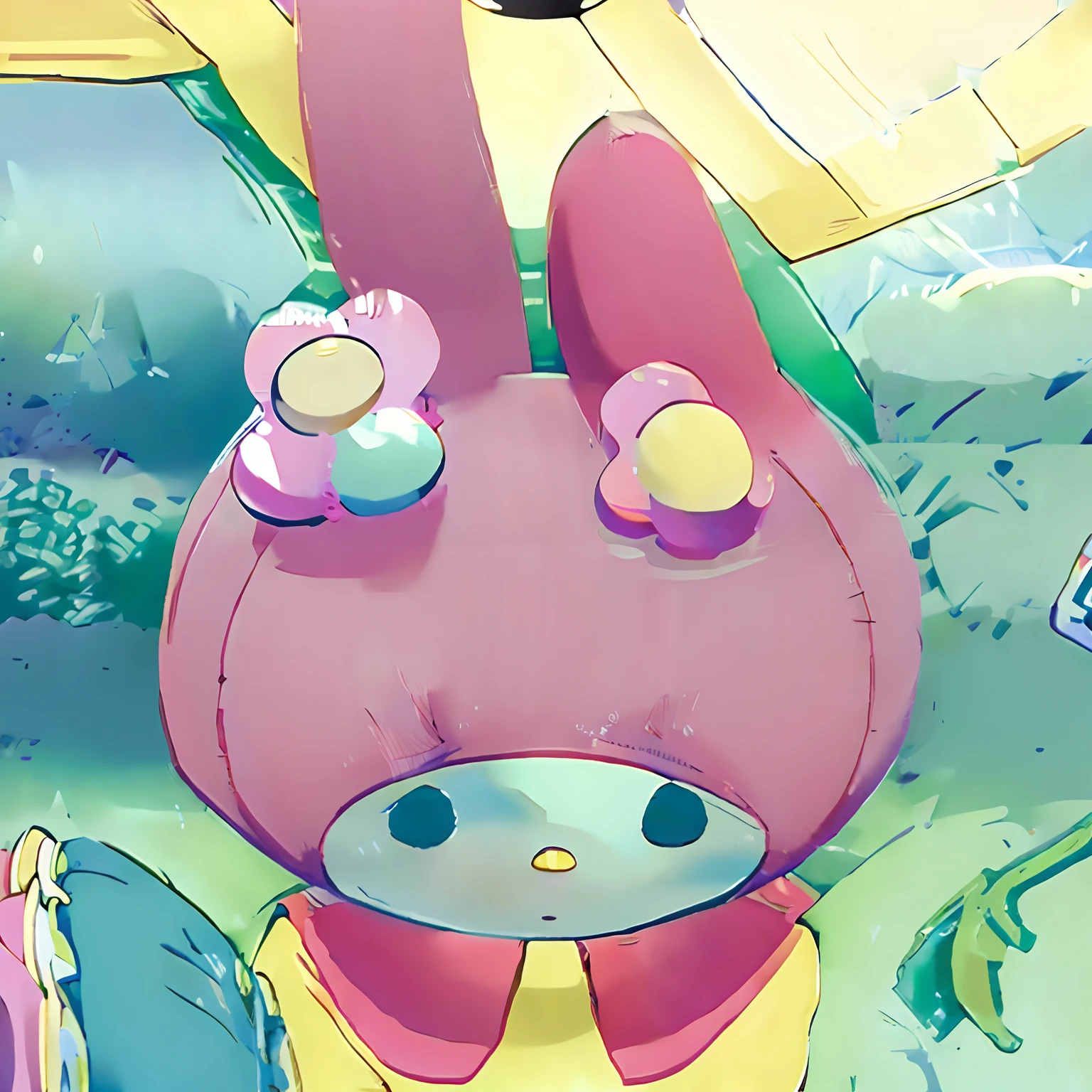 卡通人物是一只粉色的兔子,穿着黄色的衬衫和粉色的蝴蝶结- SeaArt AI