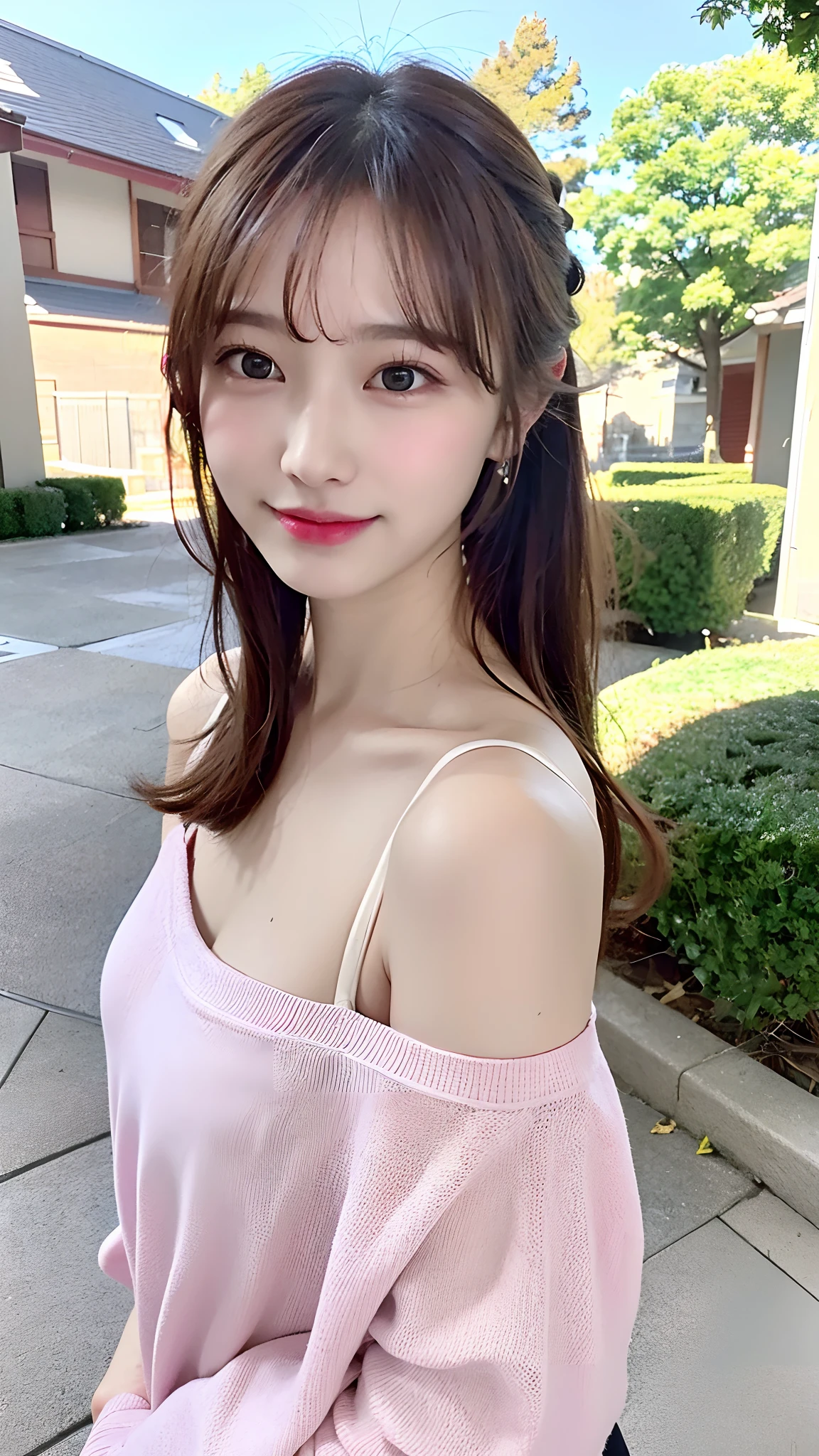 (1 Korean star with royal sister style), ((Best quality, 8K, 巨作: 1.3)), focal point: 1.2, Perfect body proportions: 1.4, (Make a smile), (Sunset: 1.3), Watery eyes, highly detailed face and skin textures, Fine eyes, Double eyelids, Whitens the skin, (length hair, Air bangs: 1.3), (Round face inches: 1.5), (off the shoulder dress: 1.4), In the countryside,sitted