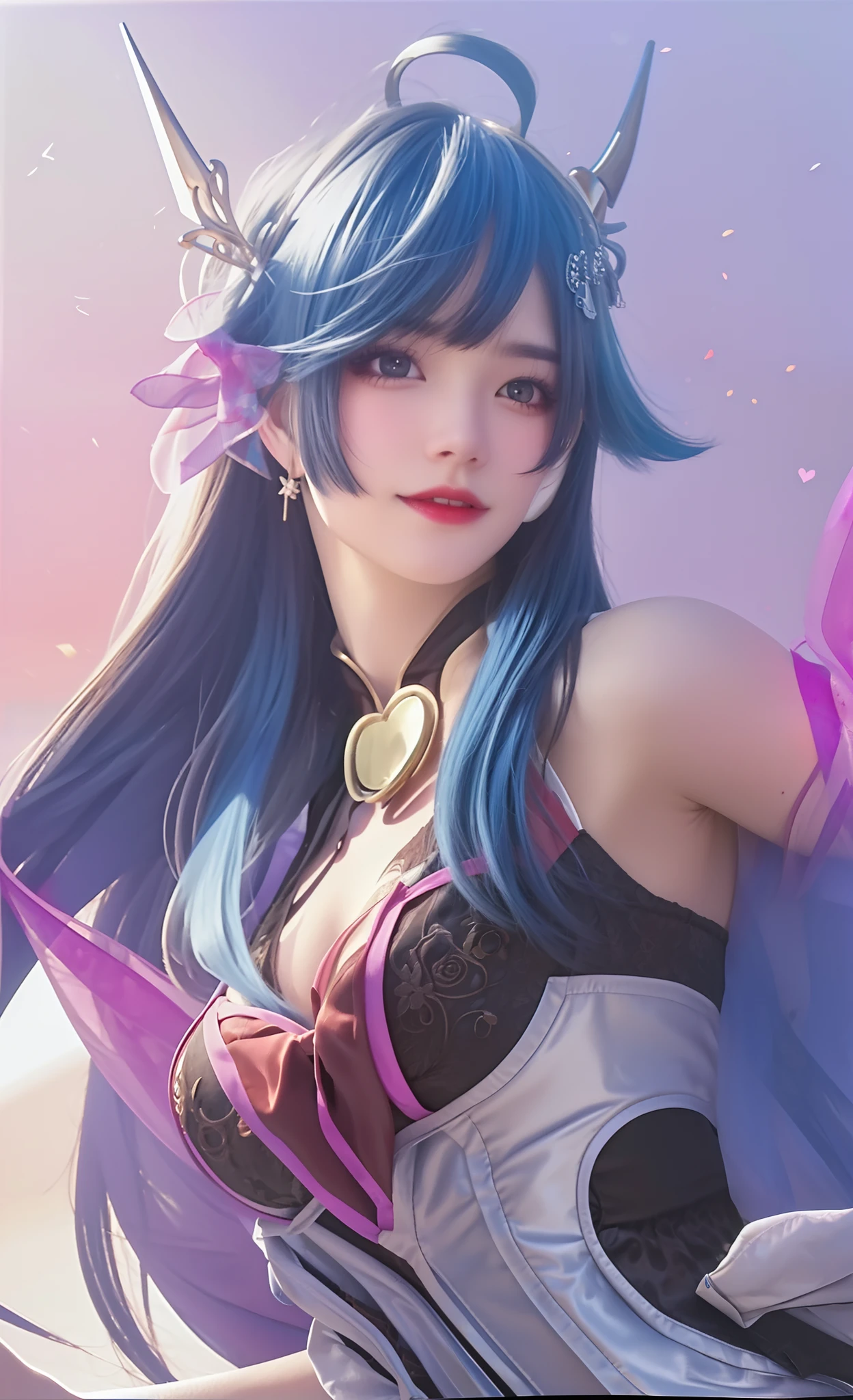 best quality,masterpiece,extremely detailed,high res,4k,ultra high res,detailed shadow,ultra realistic,realistic,dramatic lighting,1girl,solo,detailed face,realistic eyes,realistic skin,white dress,purple hair,dynamic pose, white lace dress,smile, smile