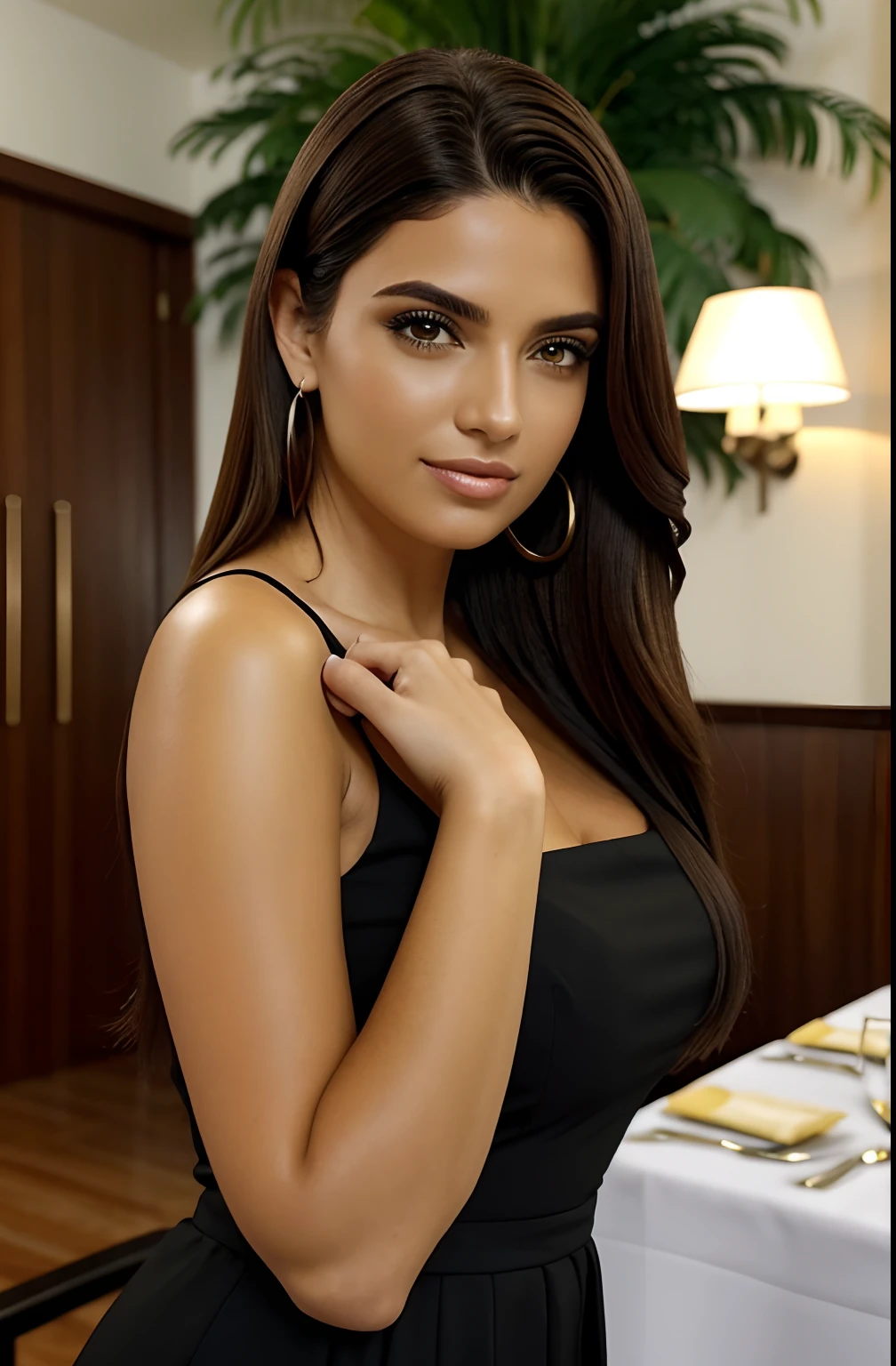 1 mulher adulta, cabelo comprido, cabelo cacheado, cabelo cor preto, pele suave, olhos azuis, sorrir, vegetation, Occasional, Businesswoman style clothes, blaser marrom claro, realista, com fundo em um restaurante chique, 8k super realista, super detalhado e realista
