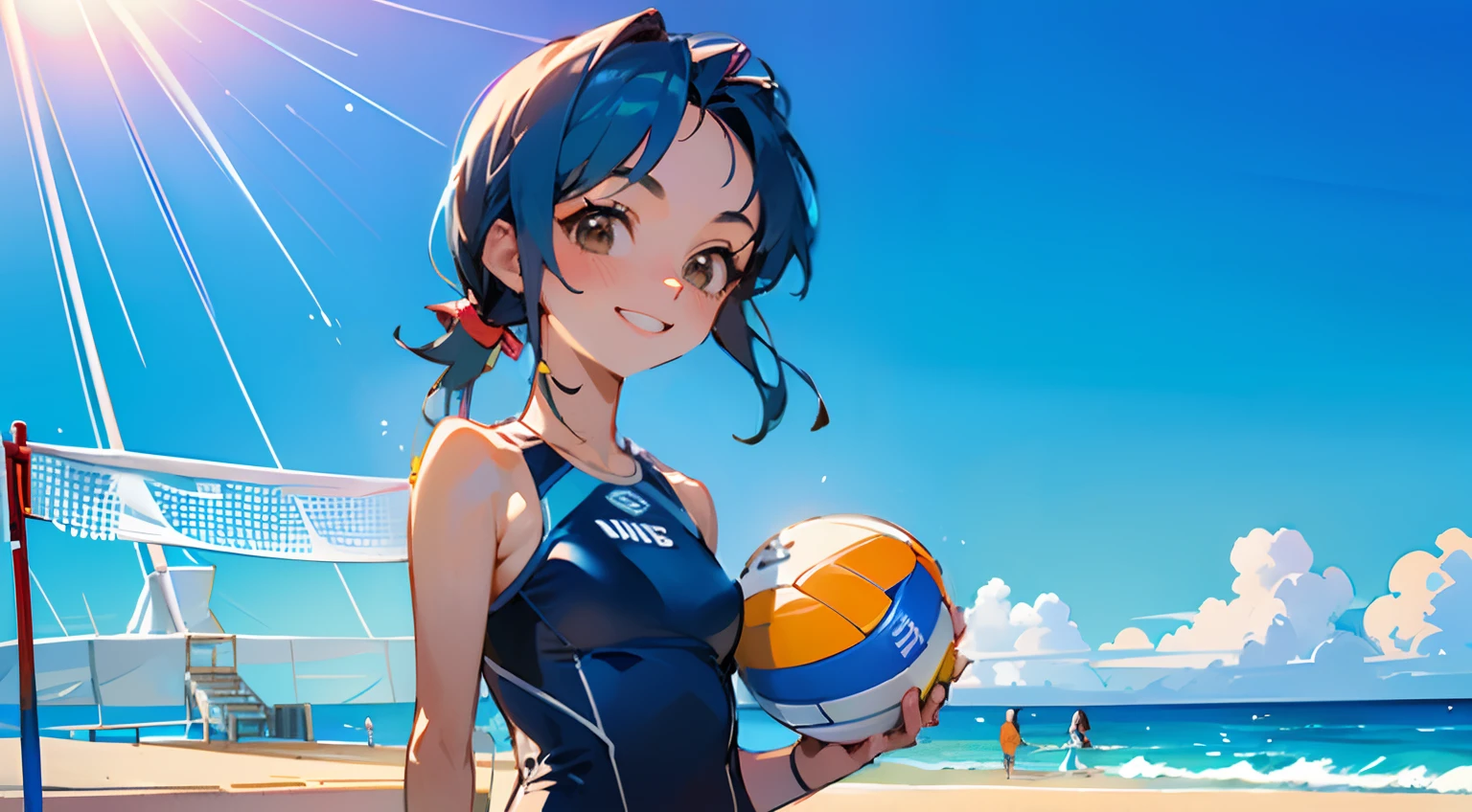 A young woman, 21-years-old, solo, Caucasian, black hair, cyan hair, gradient hair, multicolored hair, ponytail, two-tone hair, blue eyes, cheerful smile, black swimsuit, holding a volleyball, beach, thin silver necklace