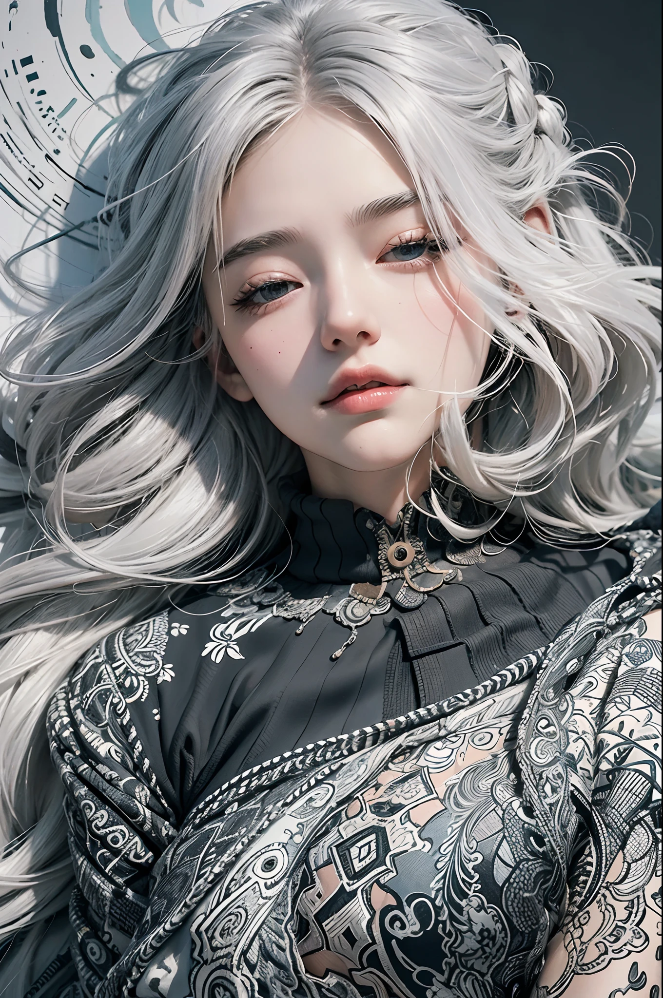(8k, RAW photo, best quality, masterpiece:1.2), (extremely detailed CG, ultra-detailed, best shadow:1.1),1girl, solo, upper body, painting, drawing, paper texture, ultra high res, ((extremely detailed face)), flat color, limited palette, low contrast, mature women, best lighting, sweater, sleeping, sleeping beauty, closing eyes, black eyeliner,a girl falling in the air, clouds, blowing hair, closed mouth, white hair, white:1.6, (zentangle, mandala, tangle, entangle:1),