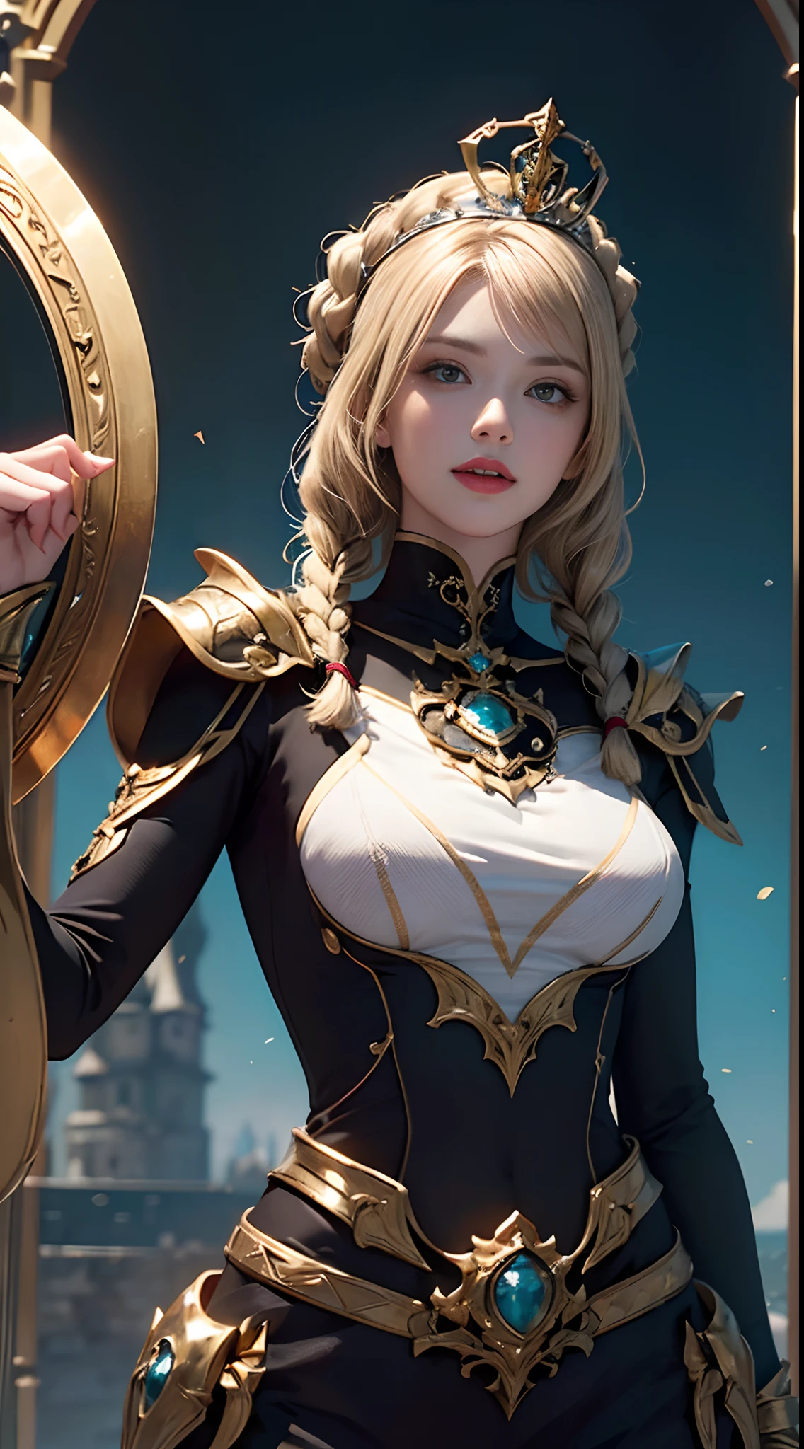 Blonde haired woman with braids, (Armadura nordica decotada dourada). Bright chrome gold armor with sharp reflections. Pedras preciosas. ombros nus. (tiara). Low muscle definition. Pernas lindas. Ombros nus visiveis. Detailed lighting. artistic work. Beleza extrema. Roupa com efeito de gradiente colorido intenso. Professional image with high saturation. Camera profissional. illustration. cores vibrantes. olhos amarelos vibrantes, magra, capa de pelo, olhos dourados brilhantes, simetria, olhar intenso, detalhes pretos nas roupas, aura dourada, castle background, smile, (Random pose), (random angles)
