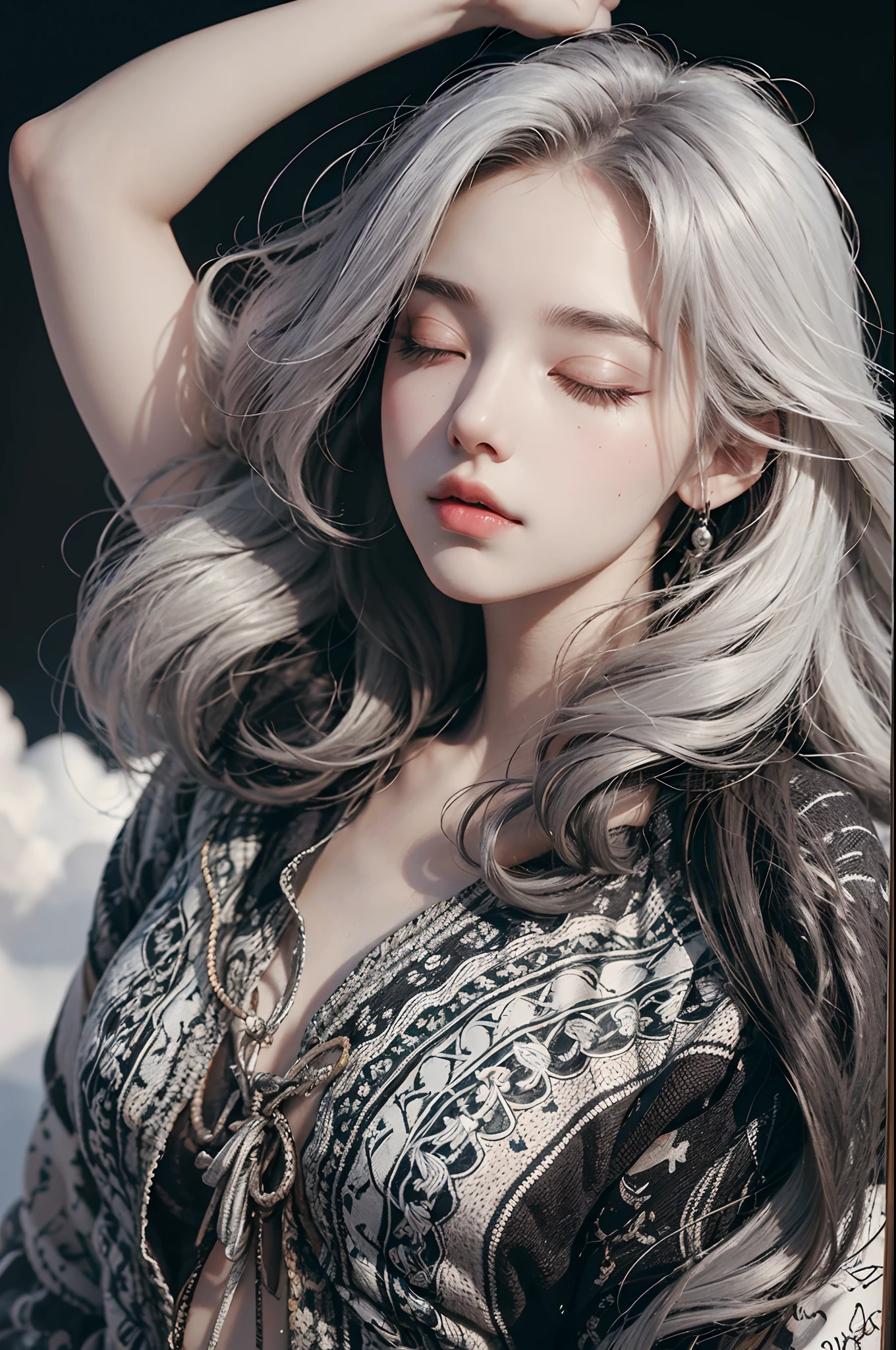 A woman with long hair and a black and white dress - SeaArt AI