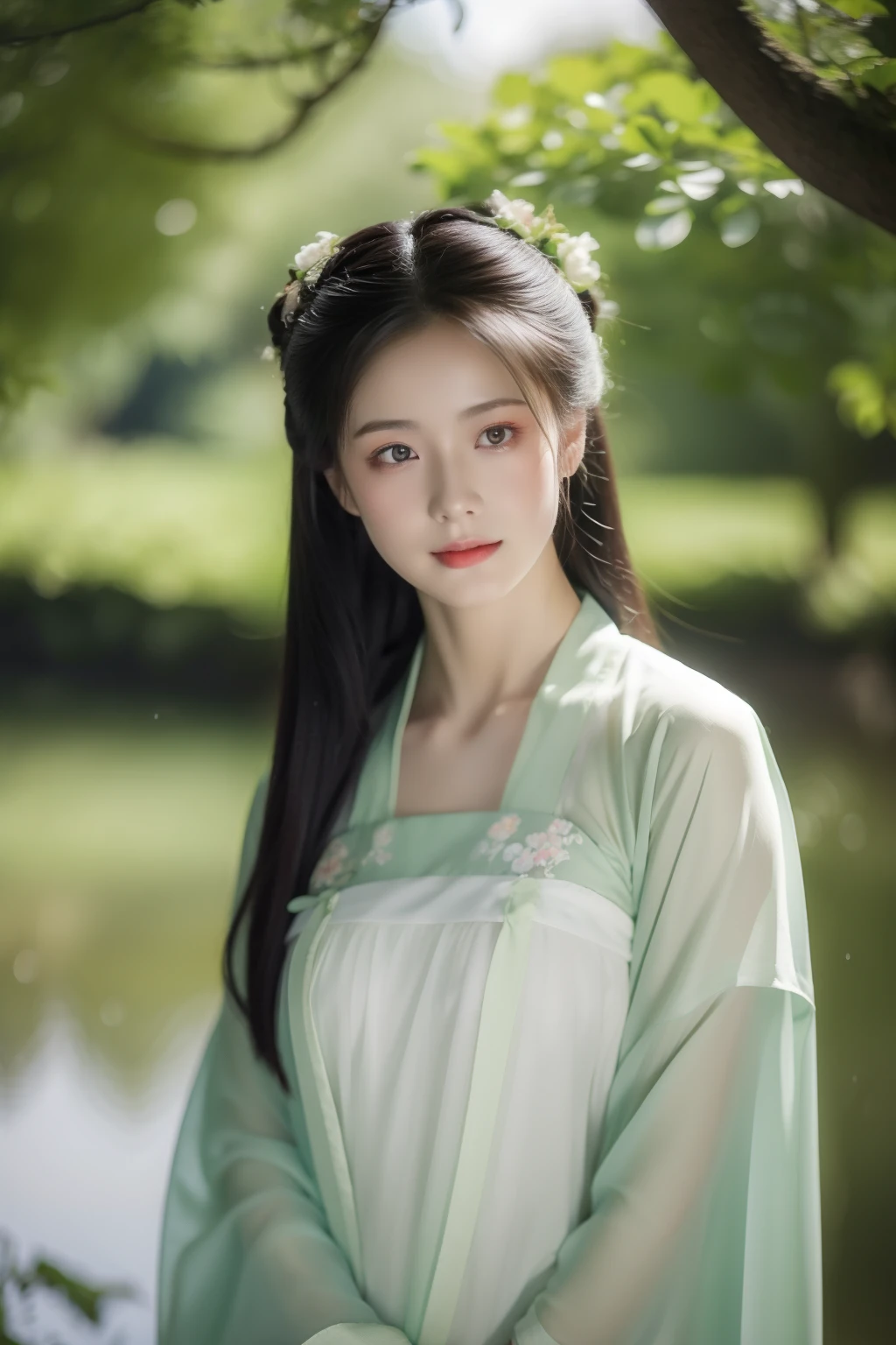 On a rainy day, Guzhen Hanfu women, Portrait photo of the upper body, Green trees. Clear sky, Bridge overhangs, Dreamy, Bouguereau reports, trending on artstationh, Exquisite facial features style, Close-up photo style, watercolor paiting, 8K, k hd, Superior quality, realistic sense, First-person perspective, flashing lights,