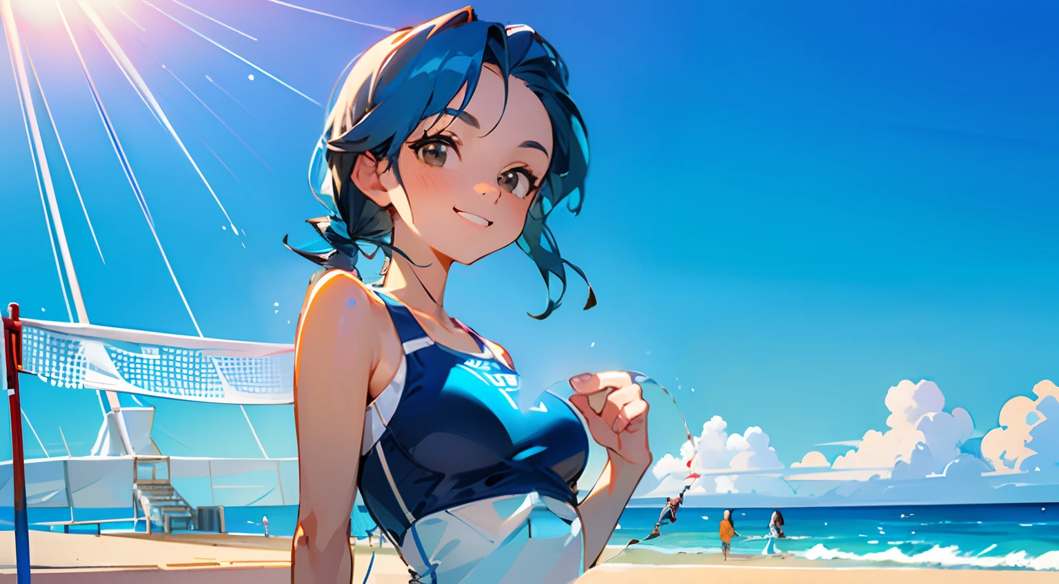 ((​masterpiece:1.4、top-quality)) 、(18-year-old woman enjoying beach volleyball、Sporty swimwear、Beautiful breasts、The sun is shining on your face、18 year old woman in sporty swimsuit、cute little、Smiling and looking at the camera、Blue hair、Brown-eyed、) 、