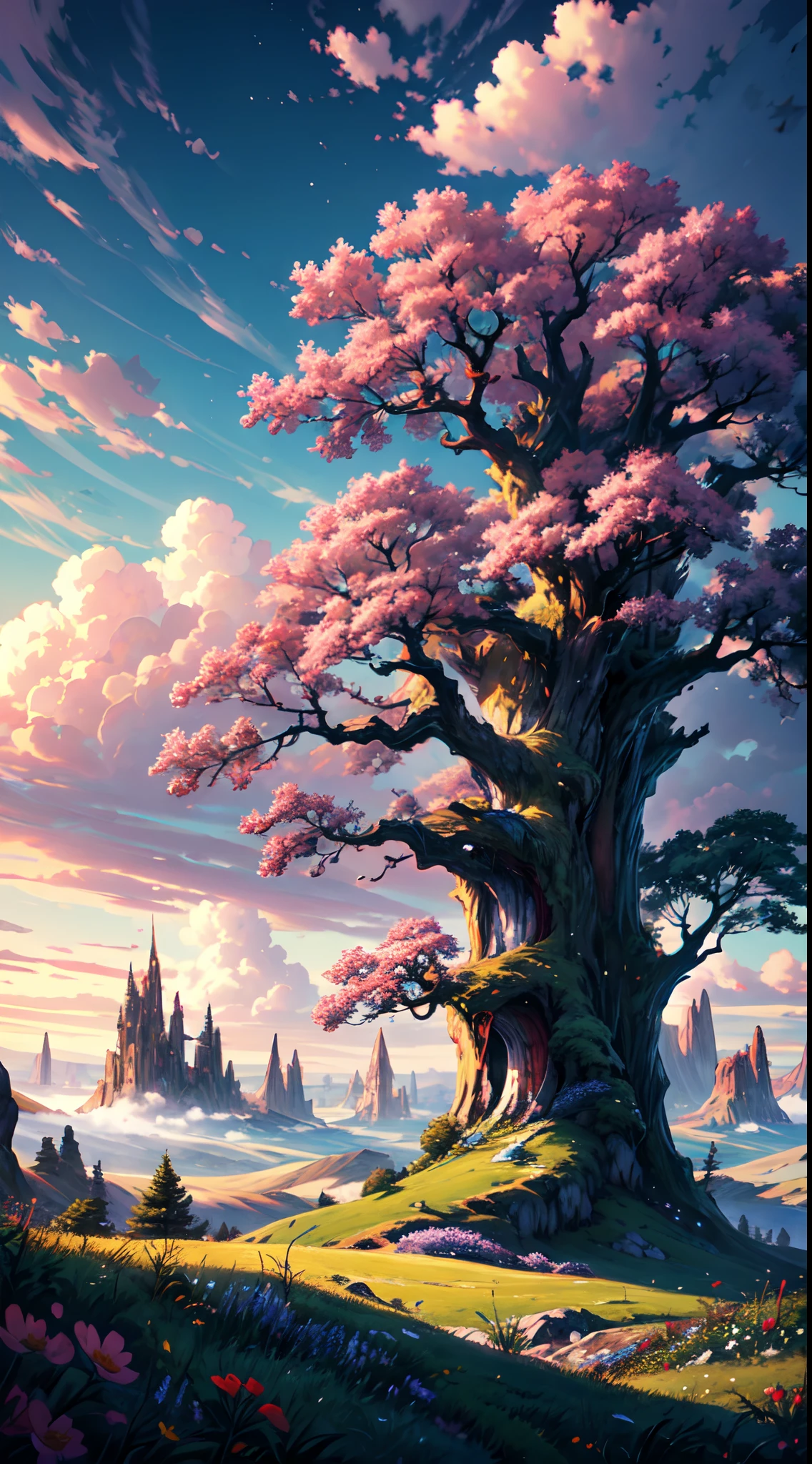 The image portrays a breathtaking, otherworldly landscape, set in a fantasy atmosphere of wonder and magic BREAK ,at the center of the image stands an awe-inspiring world tree, towering high into the clouds and reaching towards the heavens,Its trunk is massive and gnarled, with branches that stretch out in all directions, adorned with leaves and flowers that shimmer with a radiant glow.
BREAK
The surrounding environment is equally captivating, with rolling hills and lush forests that extend as far as the eye can see. The sky is a vibrant blend of purples, pinks, and blues, with wispy clouds that seem to dance around the tree's branches and leaves
BREAK
The colors used in the image are rich and vibrant, with a dazzling array of hues that create a sense of depth and dimension. The details of the tree and its surroundings are intricate and finely crafted, capturing the essence of a truly mystical and magical world