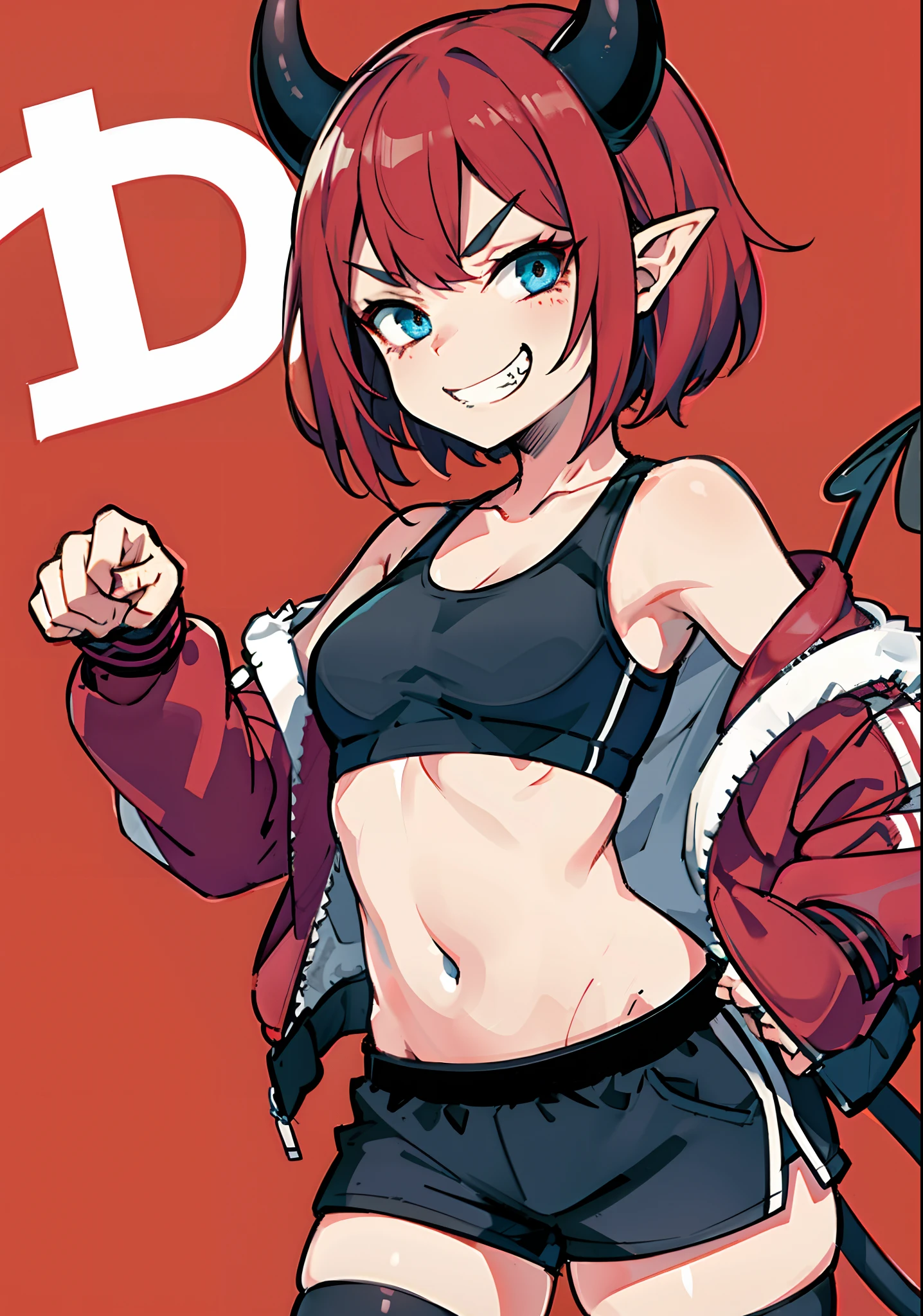 (masterpiece), best quality, 8k, perfect eyes, perfect face, perfect ears, small breasts, fit, thick thighs, ****, evil grin, black hotpants with thigh highs, sports bra, pink bomber jacket, shaggy red hair, blue eyes, evil, sassy, single demon horn, succubus, tail, dynamic sexy pose, Female protagonist 👀 :8, Female protagonist,,