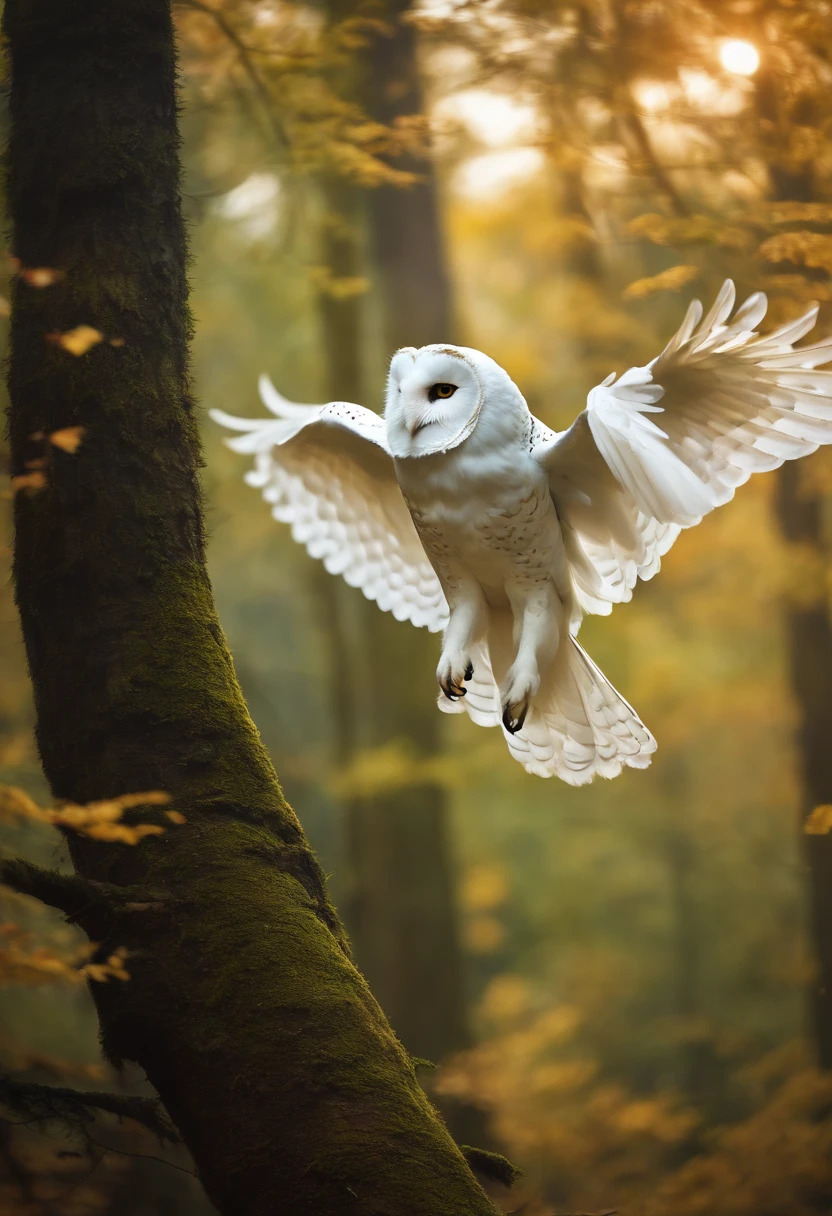A white owl is flying far through a beautiful forest