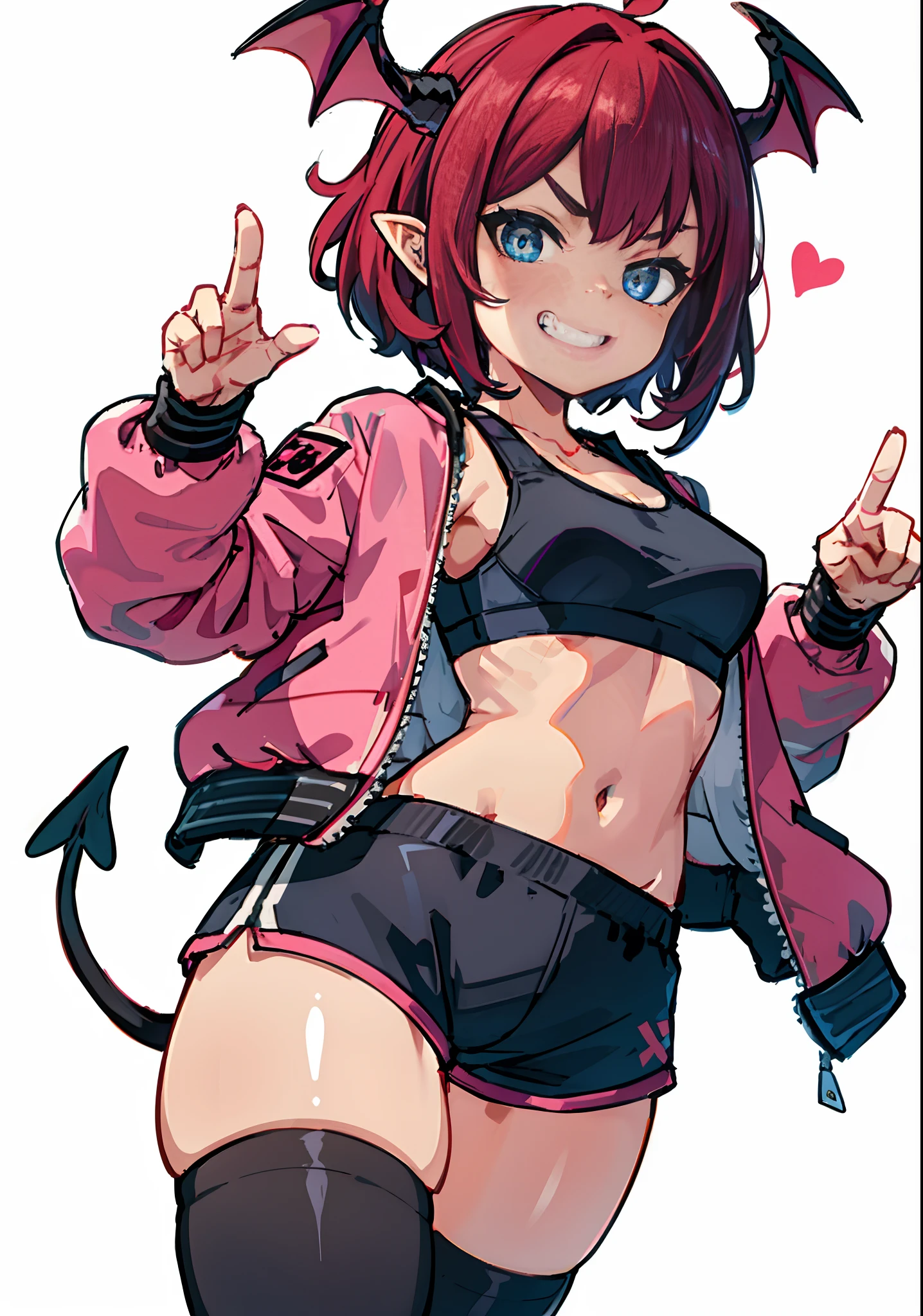 (masterpiece), best quality, 8k, perfect eyes, perfect face, perfect ears, small breasts, fit, thick thighs, ****, evil grin, black hotpants with thigh highs, sports bra, pink bomber jacket, shaggy red hair, blue eyes, evil, sassy, single demon horn, succubus, tail, dynamic sexy pose, Female protagonist 👀 :8, Female protagonist,,